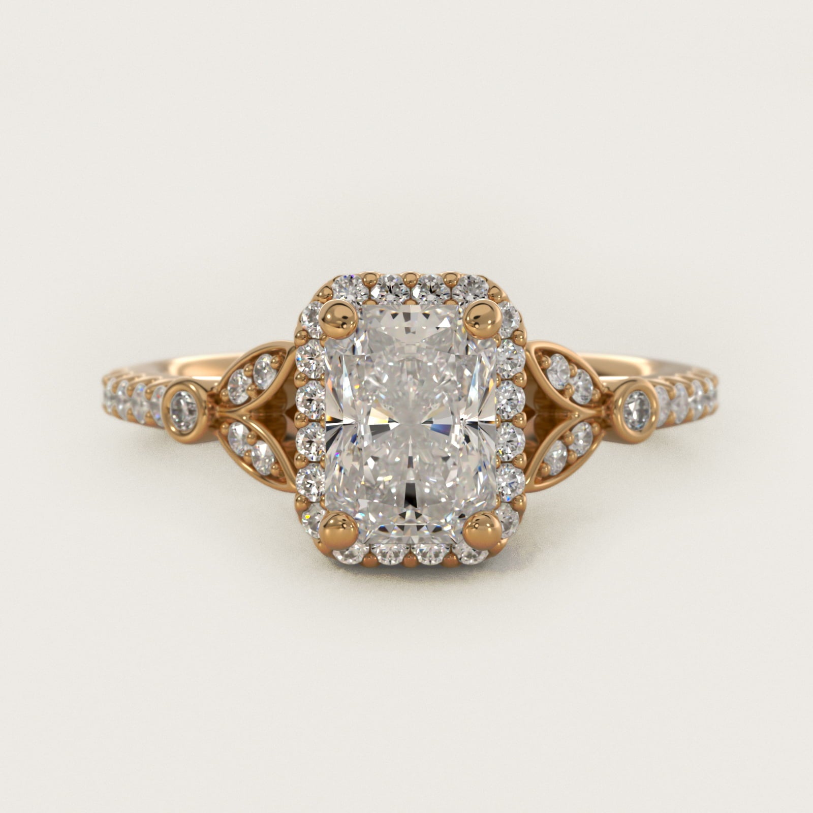 Petite Pav? Leaf Halo Diamond Engagement Ring in 18k Yellow Gold (1/4 ct. tw.) - Radiant Center