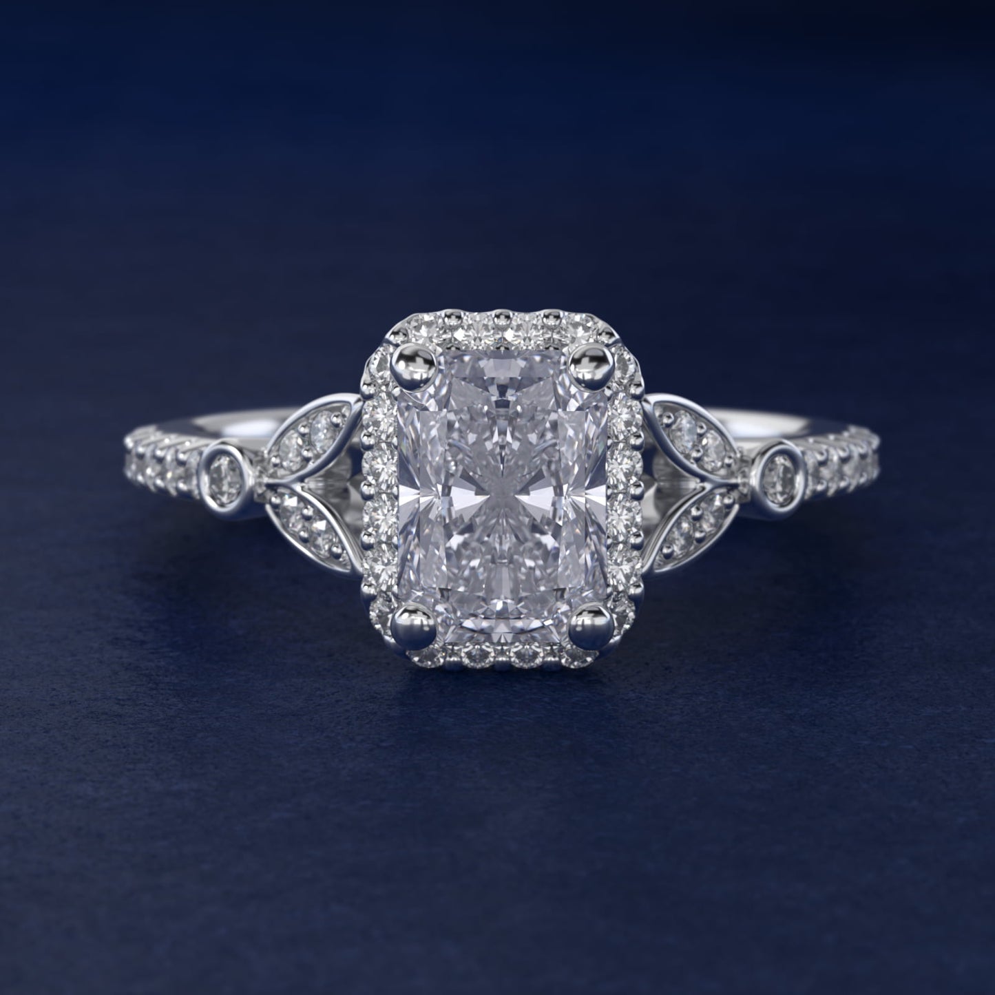 Petite Pav? Leaf Halo Diamond Engagement Ring in Platinum (1/4 ct. tw.) - Radiant Center