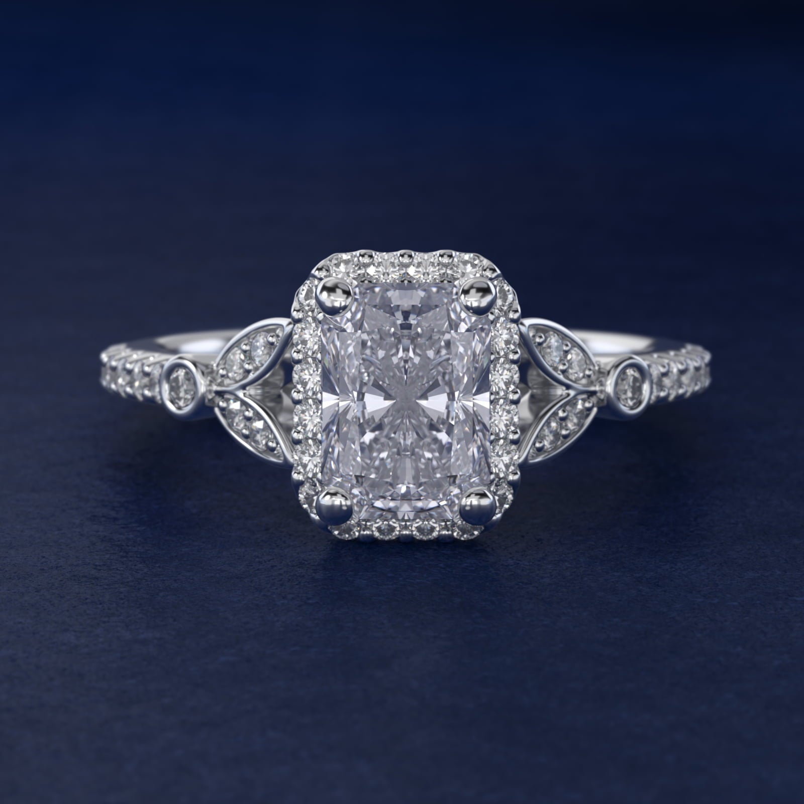 Petite Pav? Leaf Halo Diamond Engagement Ring in Platinum (1/4 ct. tw.) - Radiant Center