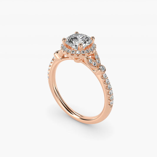 Petite PavŽ Leaf Halo Diamond Engagement Ring in 14k Rose Gold (1/4 ct. tw.) - Round Center