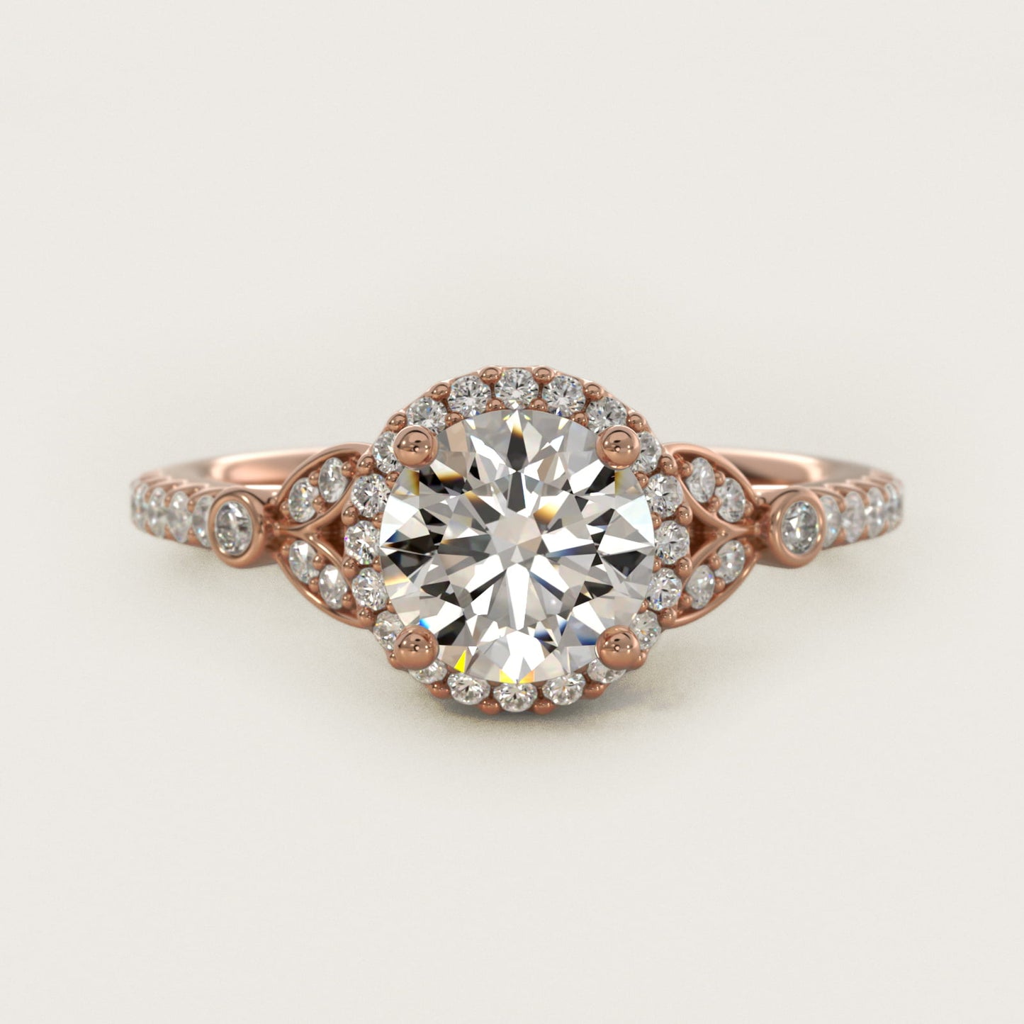Petite Pav? Leaf Halo Diamond Engagement Ring in 18k Rose Gold (1/4 ct. tw.) - Round Center