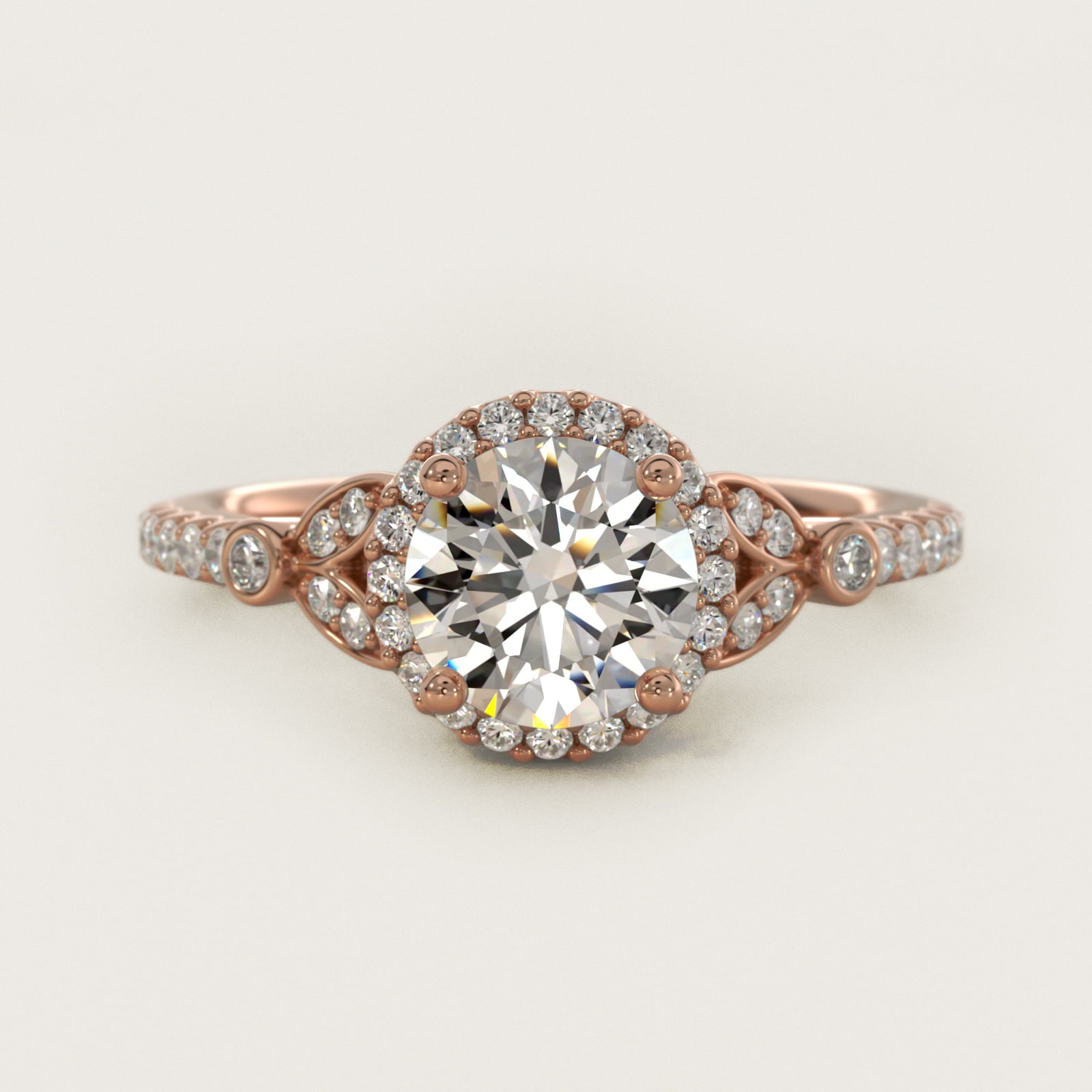 Petite Pav? Leaf Halo Diamond Engagement Ring in 18k Rose Gold (1/4 ct. tw.) - Round Center