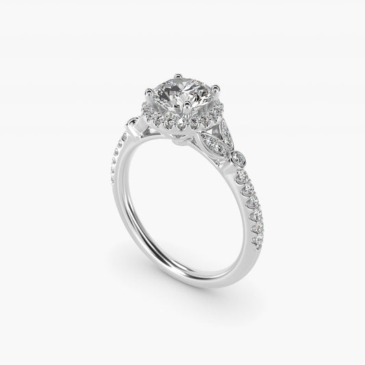 Petite PavŽ Leaf Halo Diamond Engagement Ring in 14k White Gold (1/4 ct. tw.) - Round Center