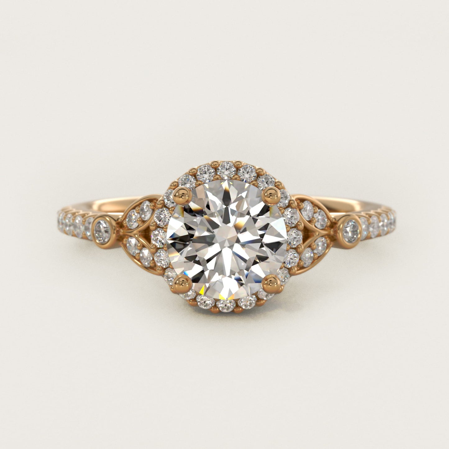 Petite Pav? Leaf Halo Diamond Engagement Ring in 18k Yellow Gold (1/4 ct. tw.) - Round Center