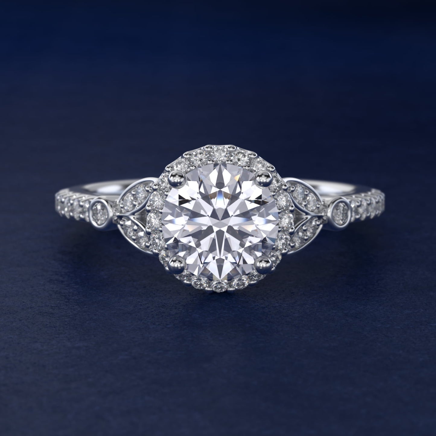 Petite Pav? Leaf Halo Diamond Engagement Ring in Platinum (1/4 ct. tw.) - Round Center