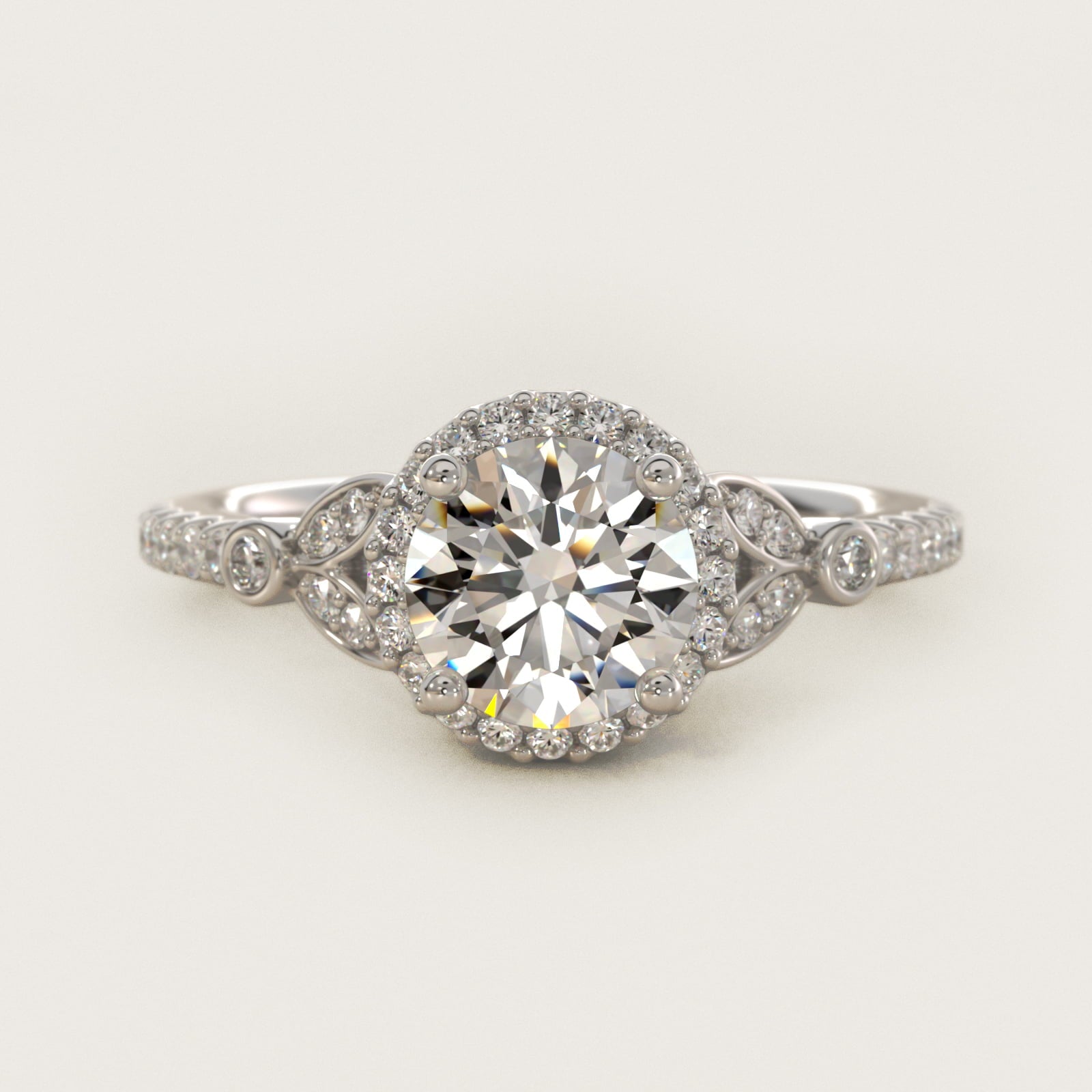 Petite Pav? Leaf Halo Diamond Engagement Ring in Platinum (1/4 ct. tw.) - Round Center