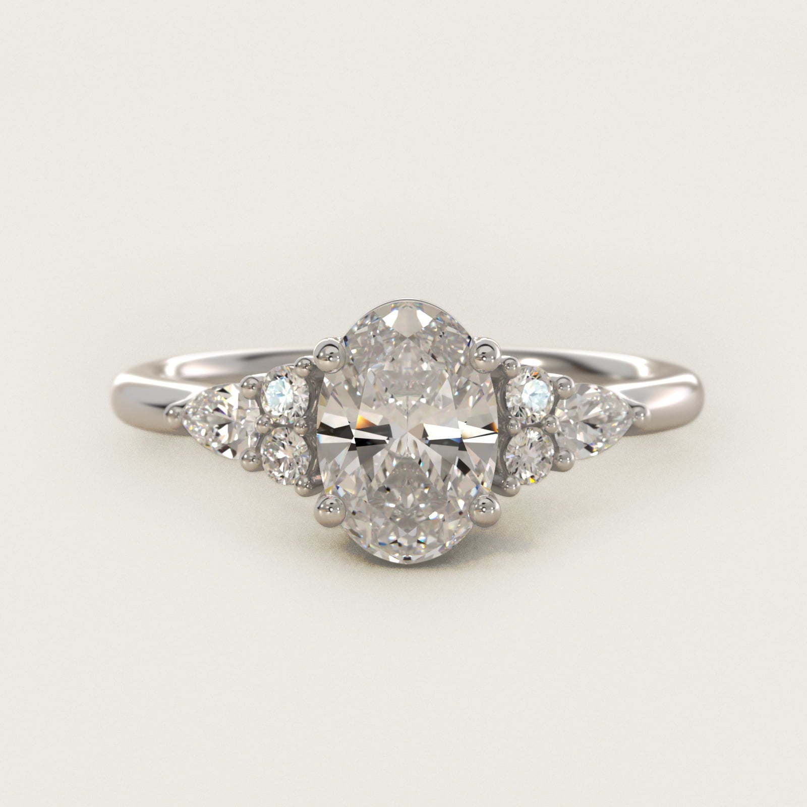 Petite Pear and Round Diamond Engagement Ring in 14k White Gold (1/4 ct. tw.) - Oval Center