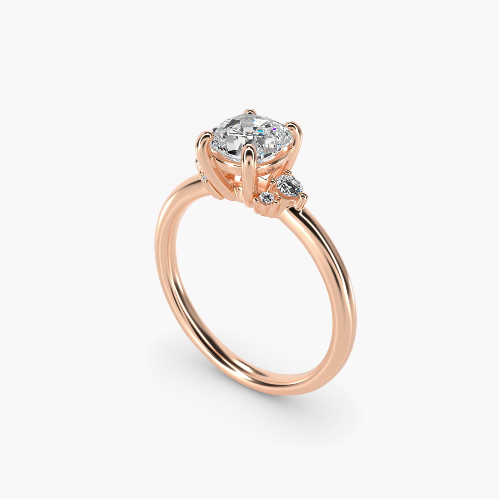 Petite Three Diamond Engagement Ring in 18k Rose Gold (1/10 ct. tw.) - Cushion Center