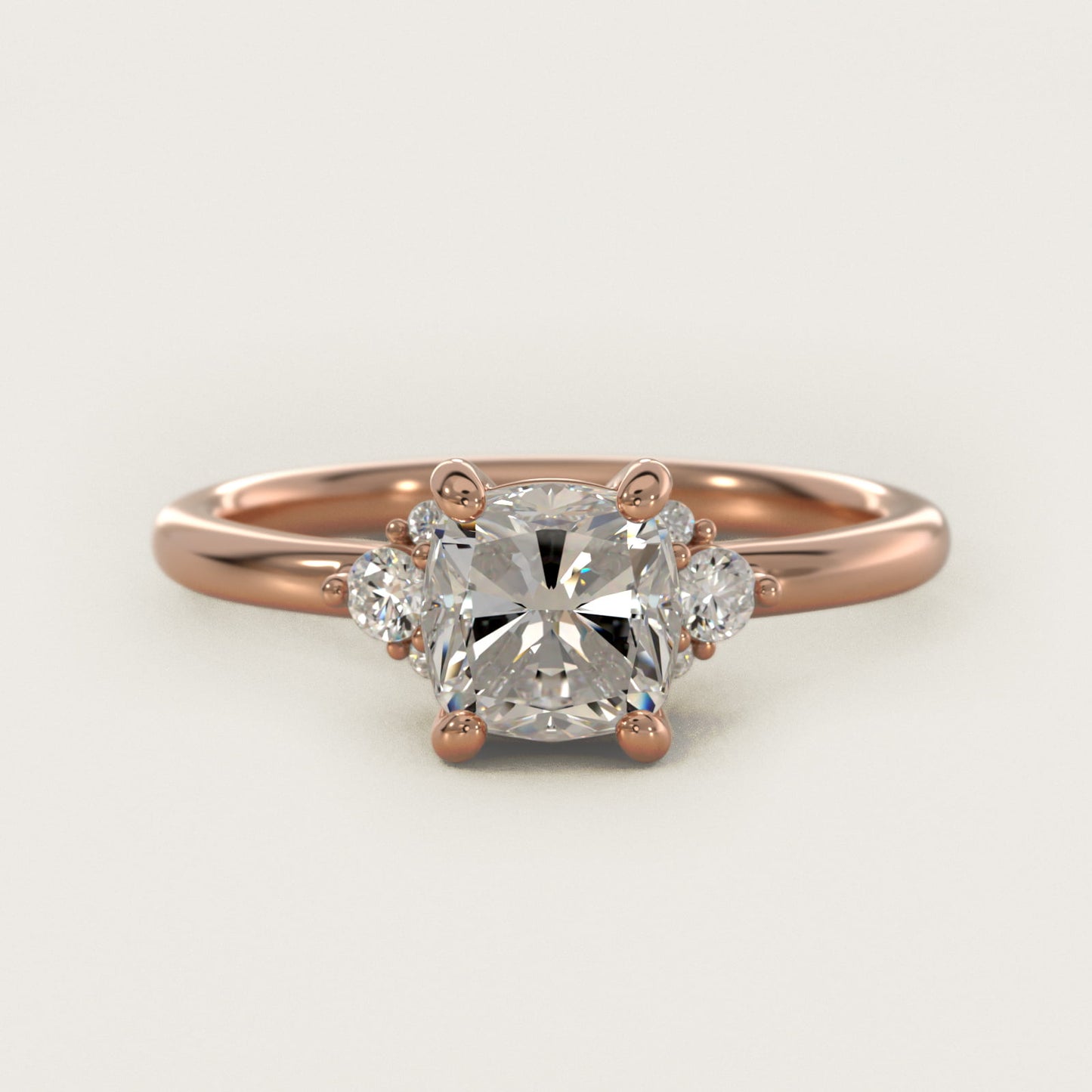 Petite Three Diamond Engagement Ring in 18k Rose Gold (1/10 ct. tw.) - Cushion Center
