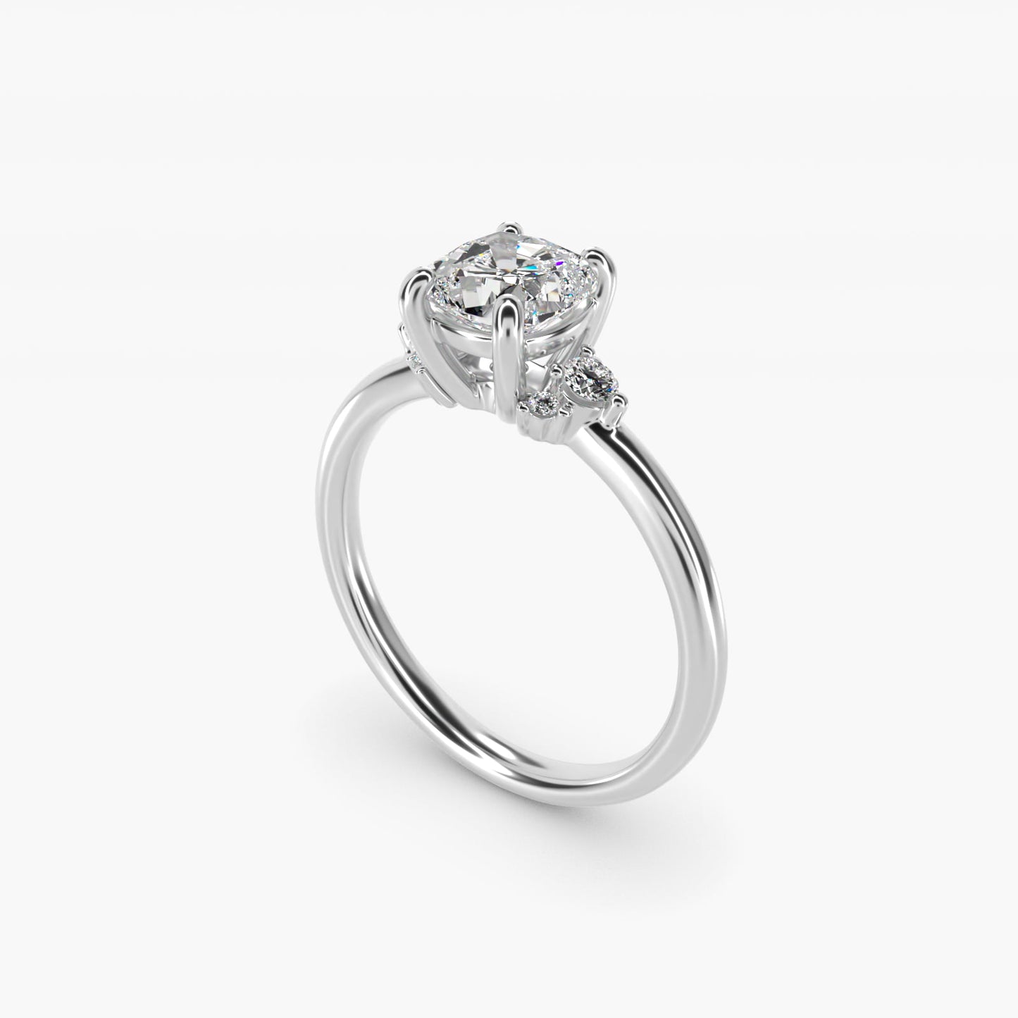 Petite Three Diamond Engagement Ring in 18k White Gold (1/10 ct. tw.) - Cushion Center