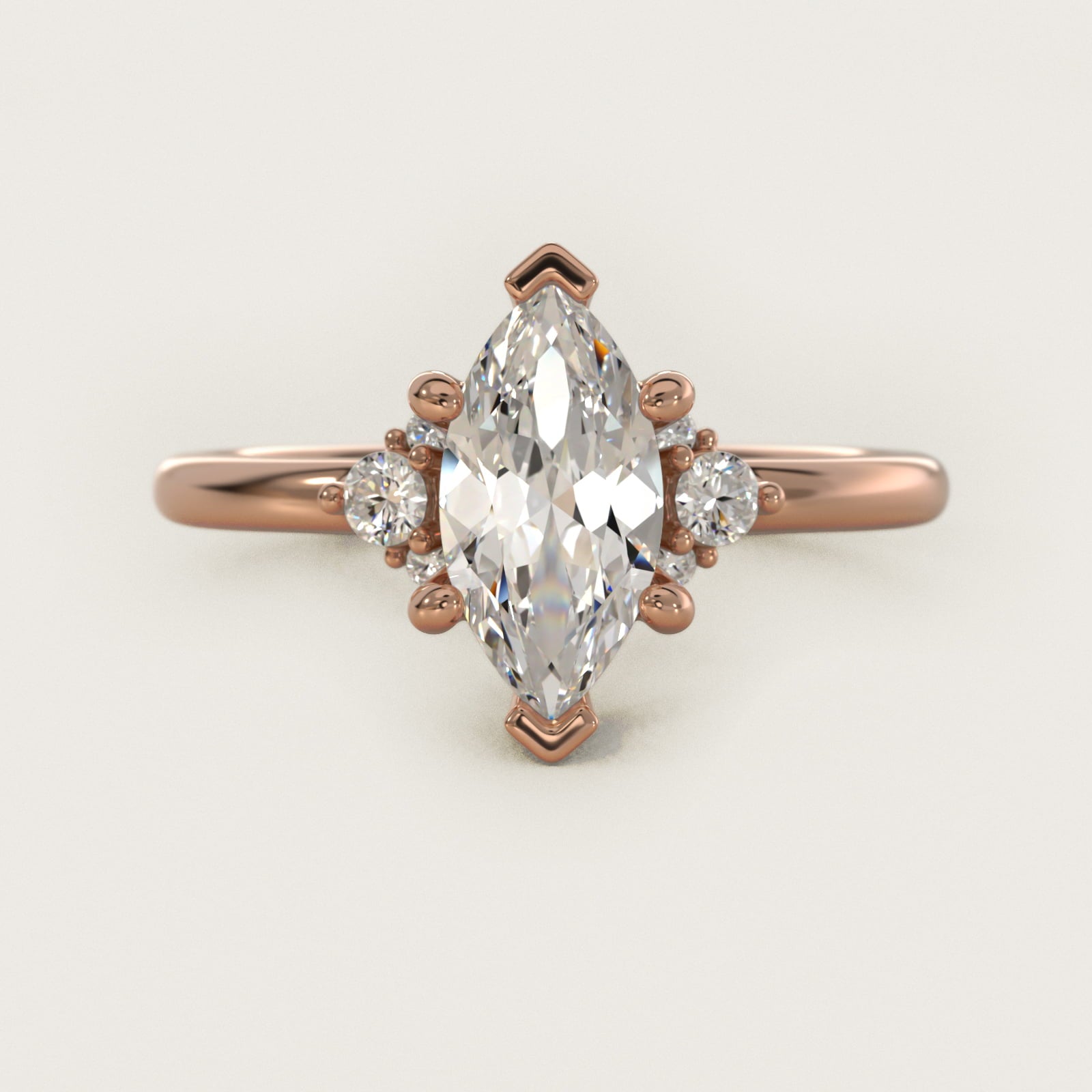 Petite Three Diamond Engagement Ring in 14k Rose Gold (1/10 ct. tw.) - Marquise Center