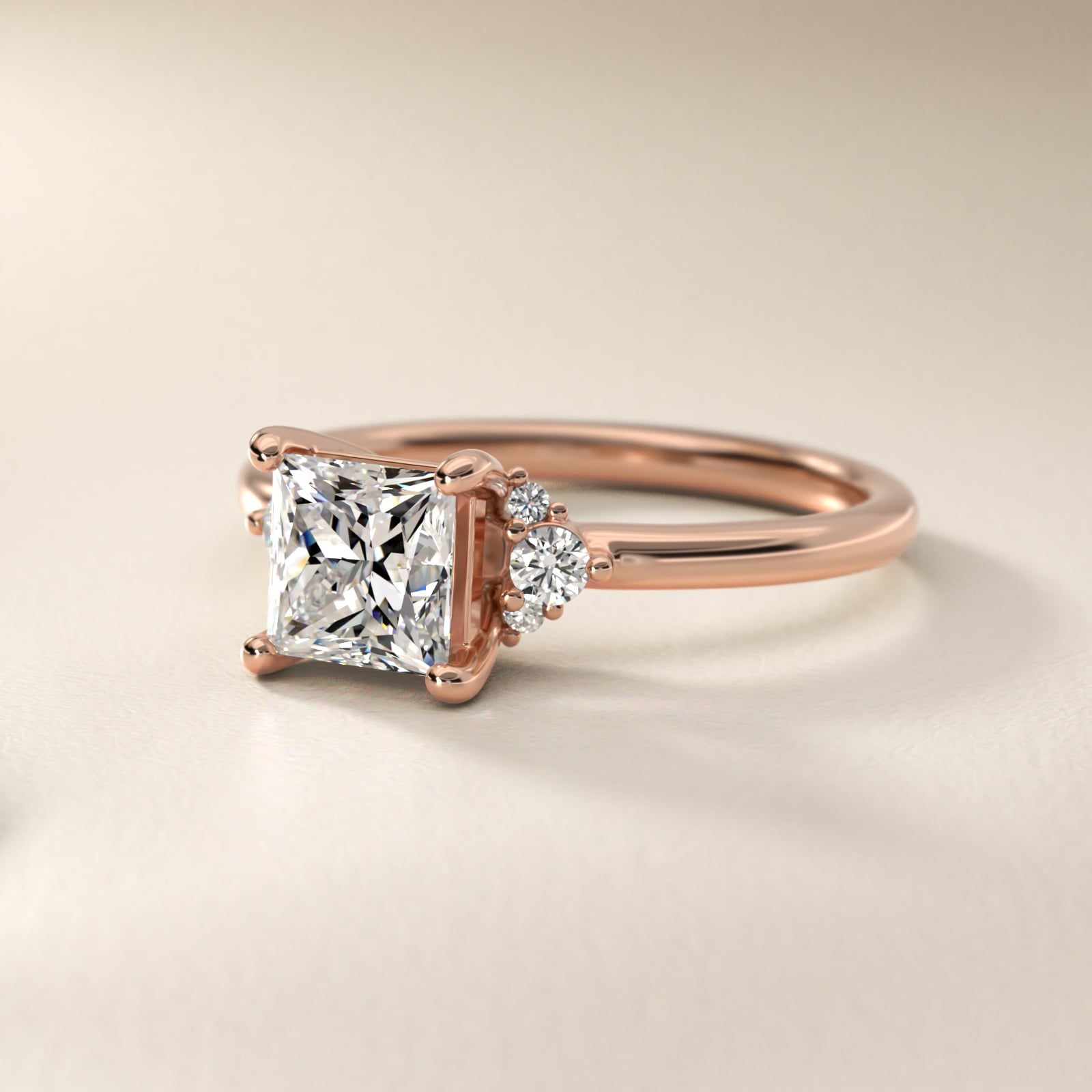 Petite Three Diamond Engagement Ring in 18k Rose Gold (1/10 ct. tw.) - Princess Center