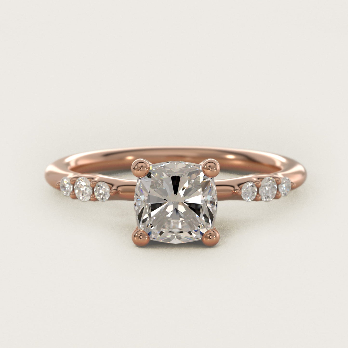 Petite Three Round Diamond Accents Side Stone Engagement Ring In 14K Rose Gold By James Allen - Cushion Center