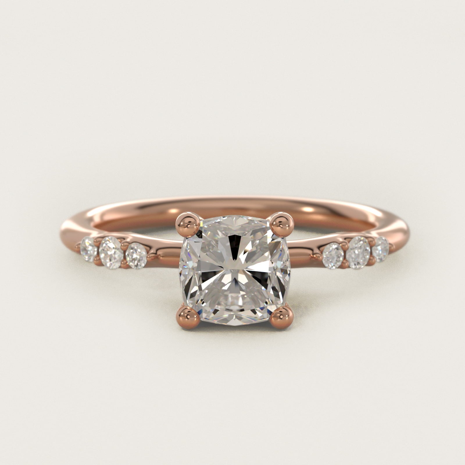 Petite Three Round Diamond Accents Side Stone Engagement Ring In 14K Rose Gold By James Allen - Cushion Center