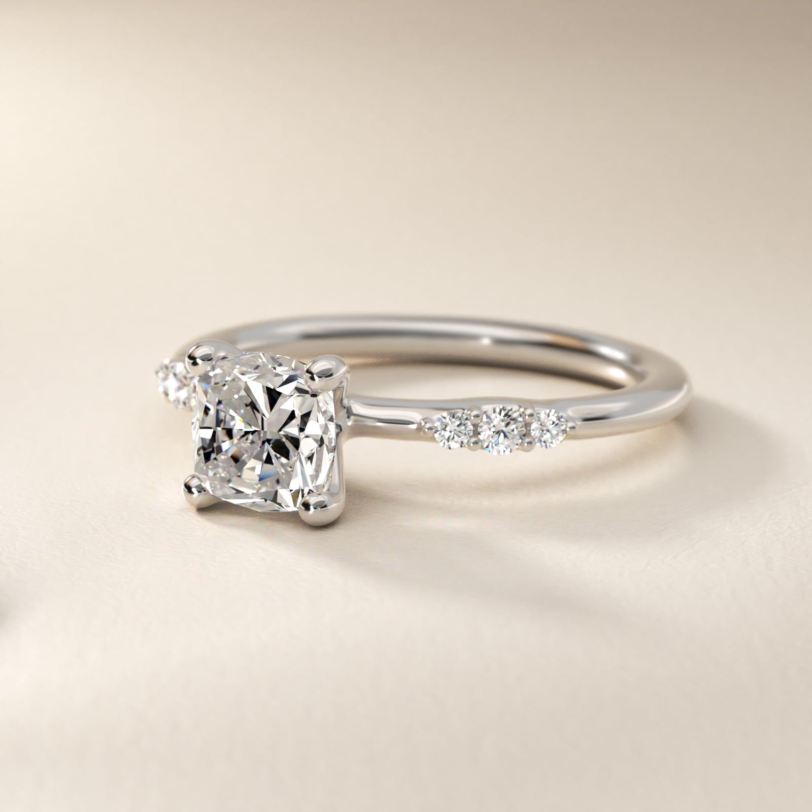 Petite Three Round Diamond Accents Side Stone Engagement Ring In 14K White Gold By James Allen - Cushion Center