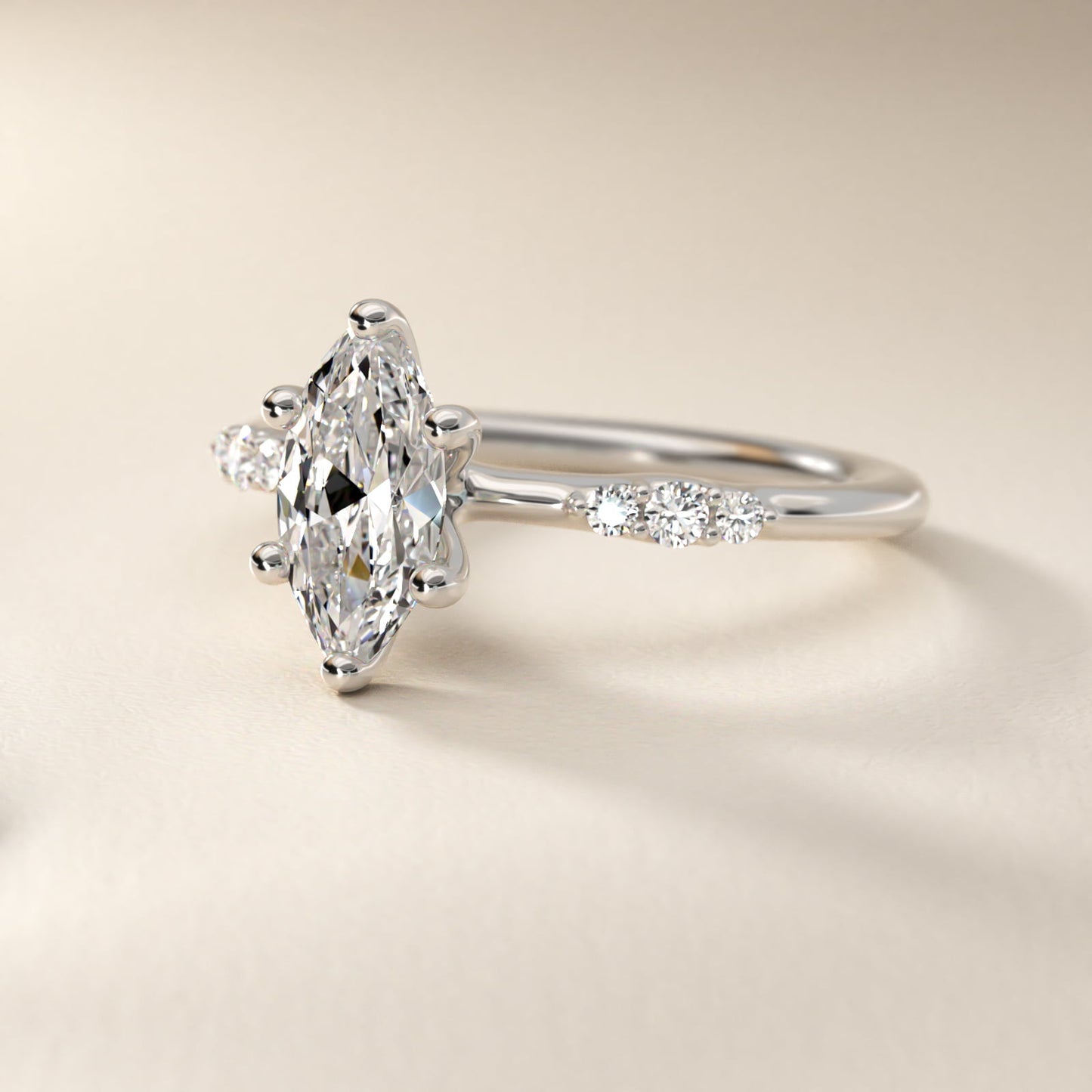 Petite Three Round Diamond Accents Side Stone Engagement Ring In 14K White Gold By James Allen - Marquise Center
