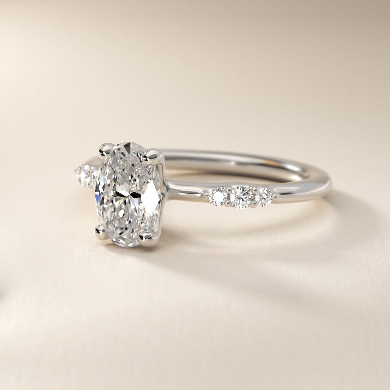 Petite Three Round Diamond Accents Side Stone Engagement Ring In 14K White Gold By James Allen - Oval Center