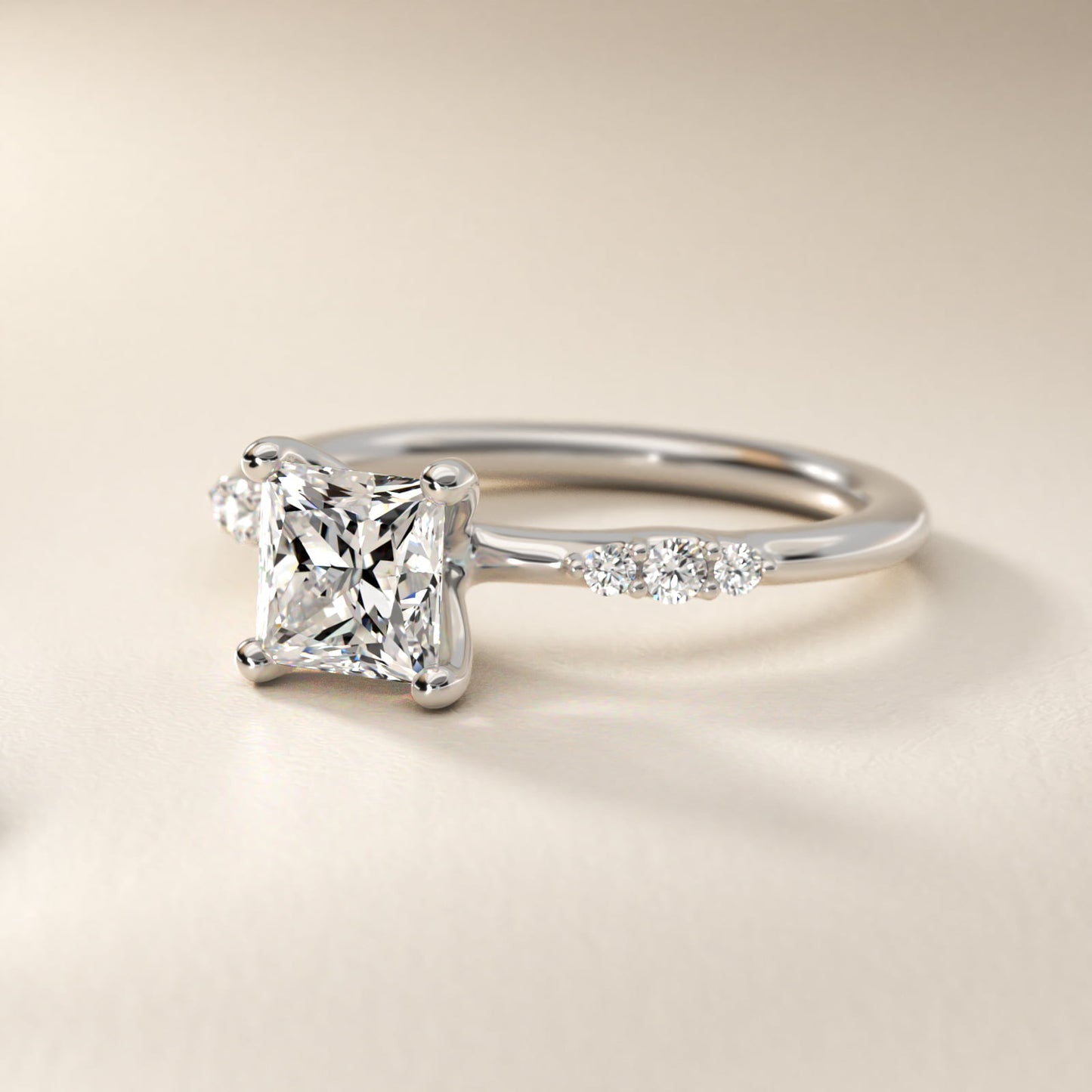 Petite Three Round Diamond Accents Side Stone Engagement Ring In 18k White Gold By James Allen - Princess Center