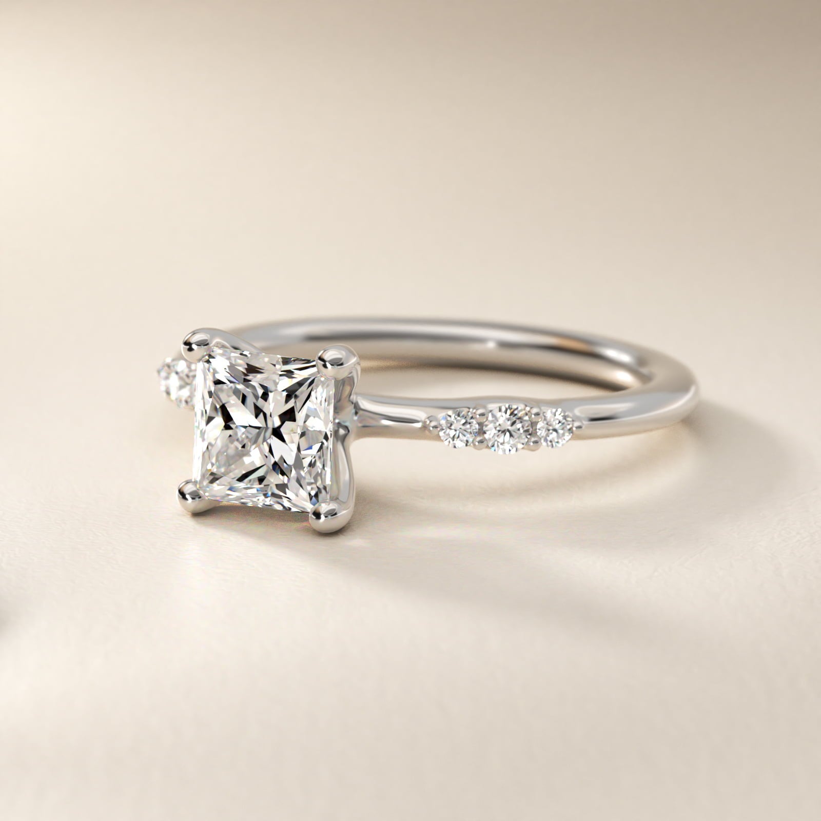 Petite Three Round Diamond Accents Side Stone Engagement Ring In 18k White Gold By James Allen - Princess Center
