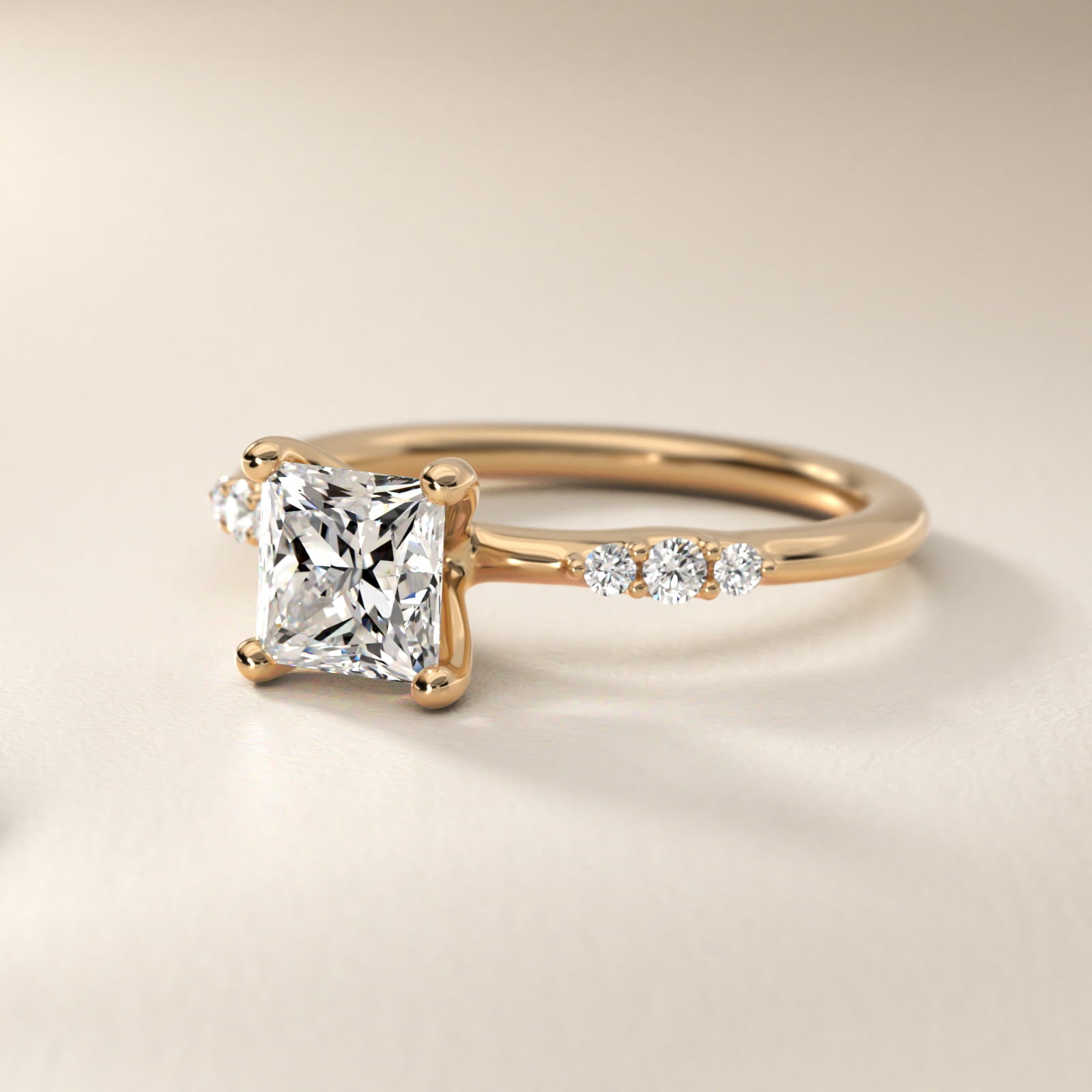 Petite Three Round Diamond Accents Side Stone Engagement Ring In 18k Yellow Gold By James Allen - Princess Center