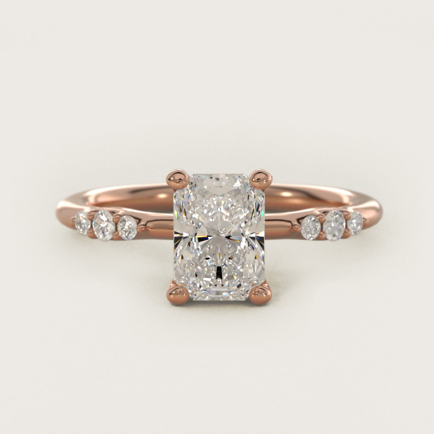 Petite Three Round Diamond Accents Side Stone Engagement Ring In 14K Rose Gold By James Allen - Radiant Center