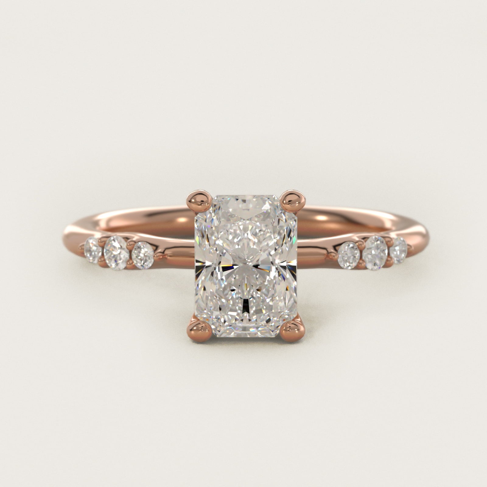 Petite Three Round Diamond Accents Side Stone Engagement Ring In 14K Rose Gold By James Allen - Radiant Center