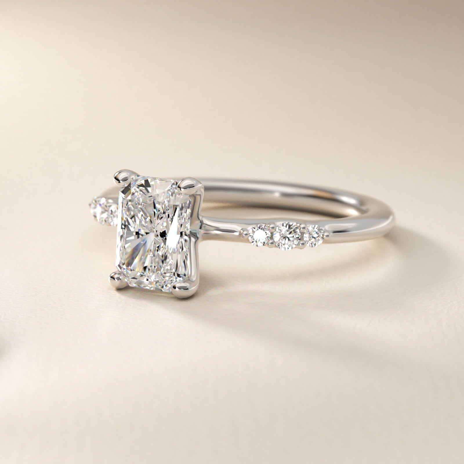 Petite Three Round Diamond Accents Side Stone Engagement Ring In 14K White Gold By James Allen - Radiant Center