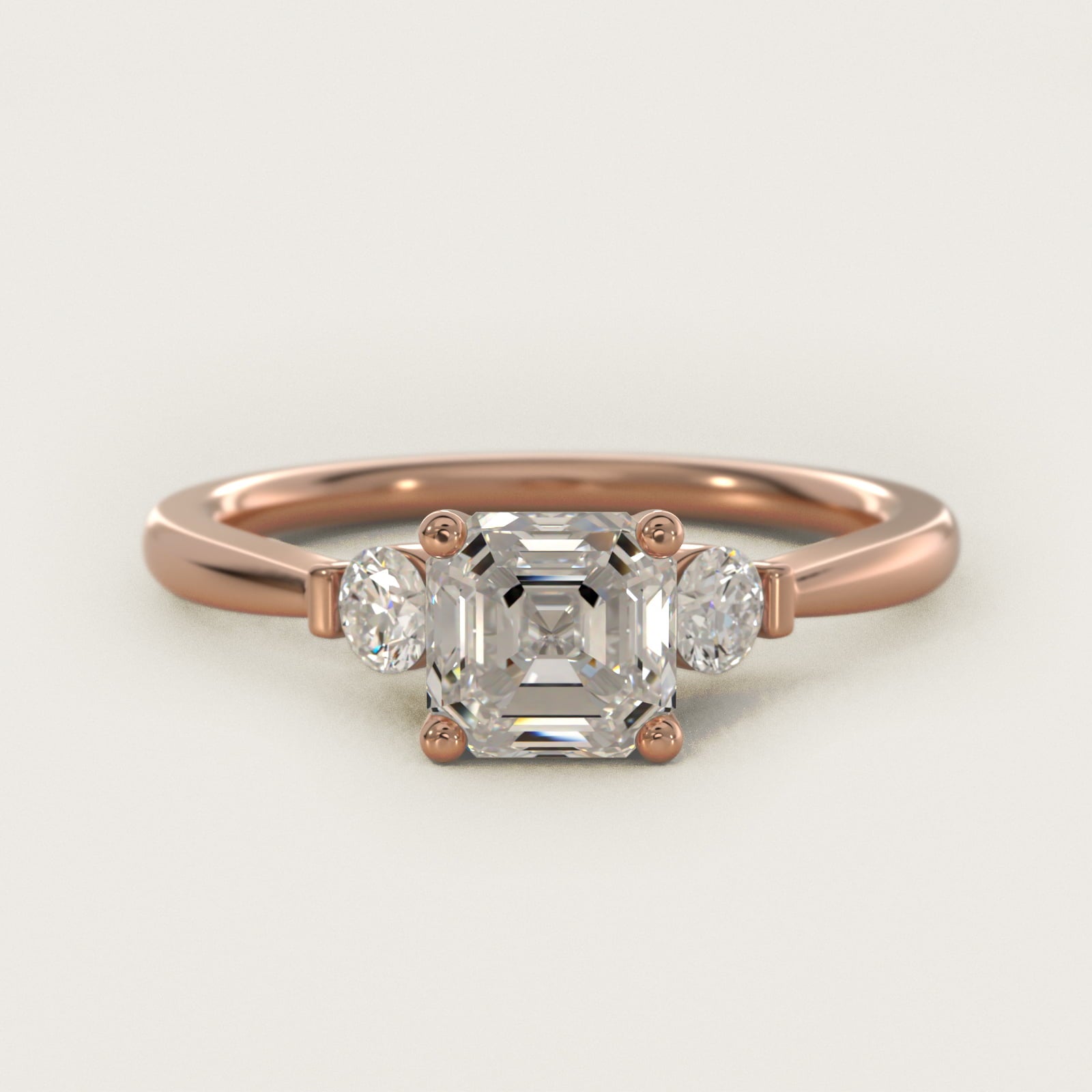 Petite Three-Stone Diamond Engagement Ring in 14k Rose Gold - Asscher Center