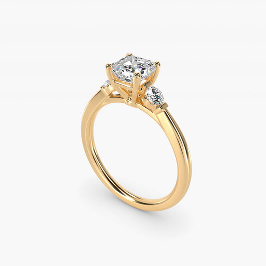 Petite Three-Stone Diamond Engagement Ring in 14k Yellow Gold - Asscher Center