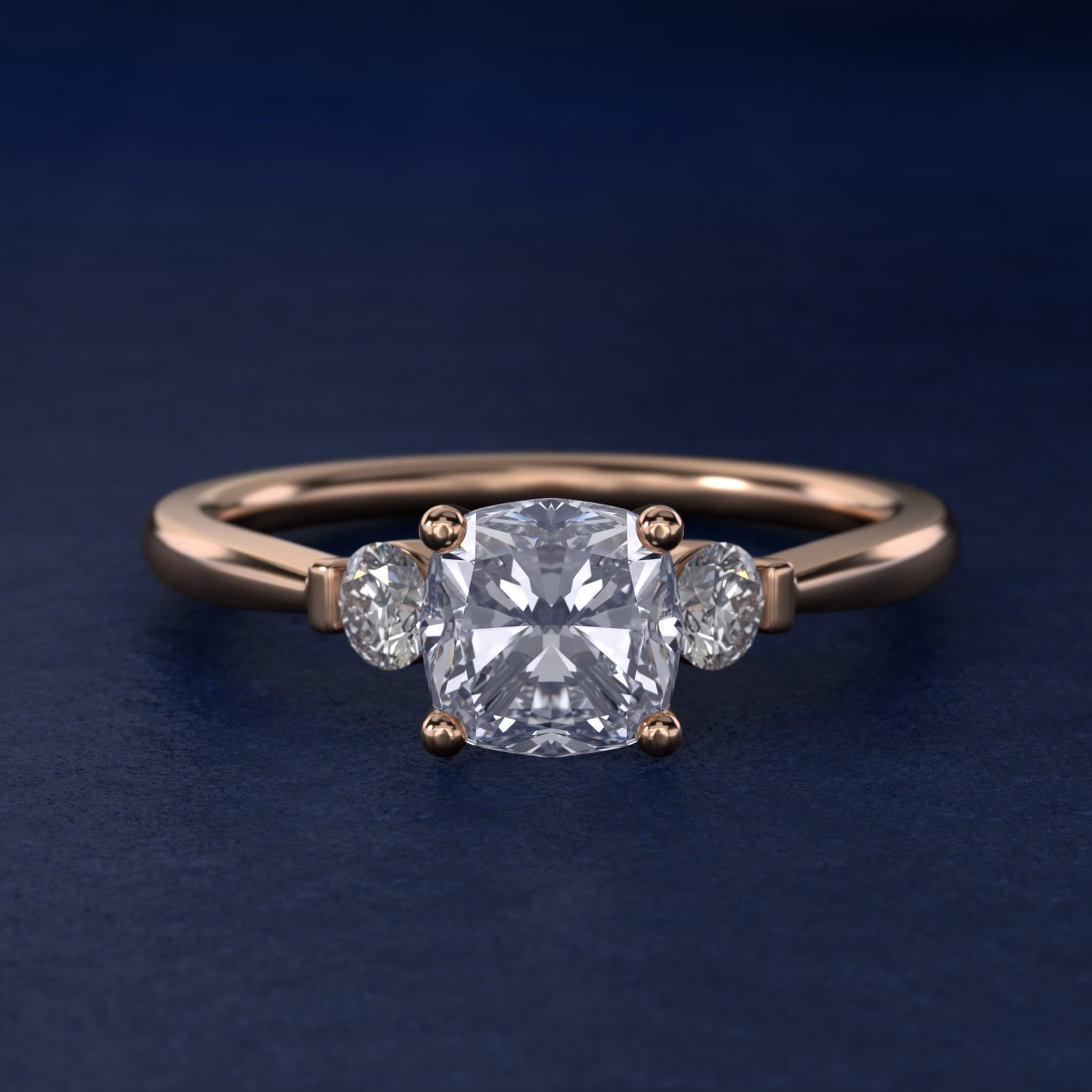 Petite Three-Stone Diamond Engagement Ring in 14k Rose Gold - Cushion Center