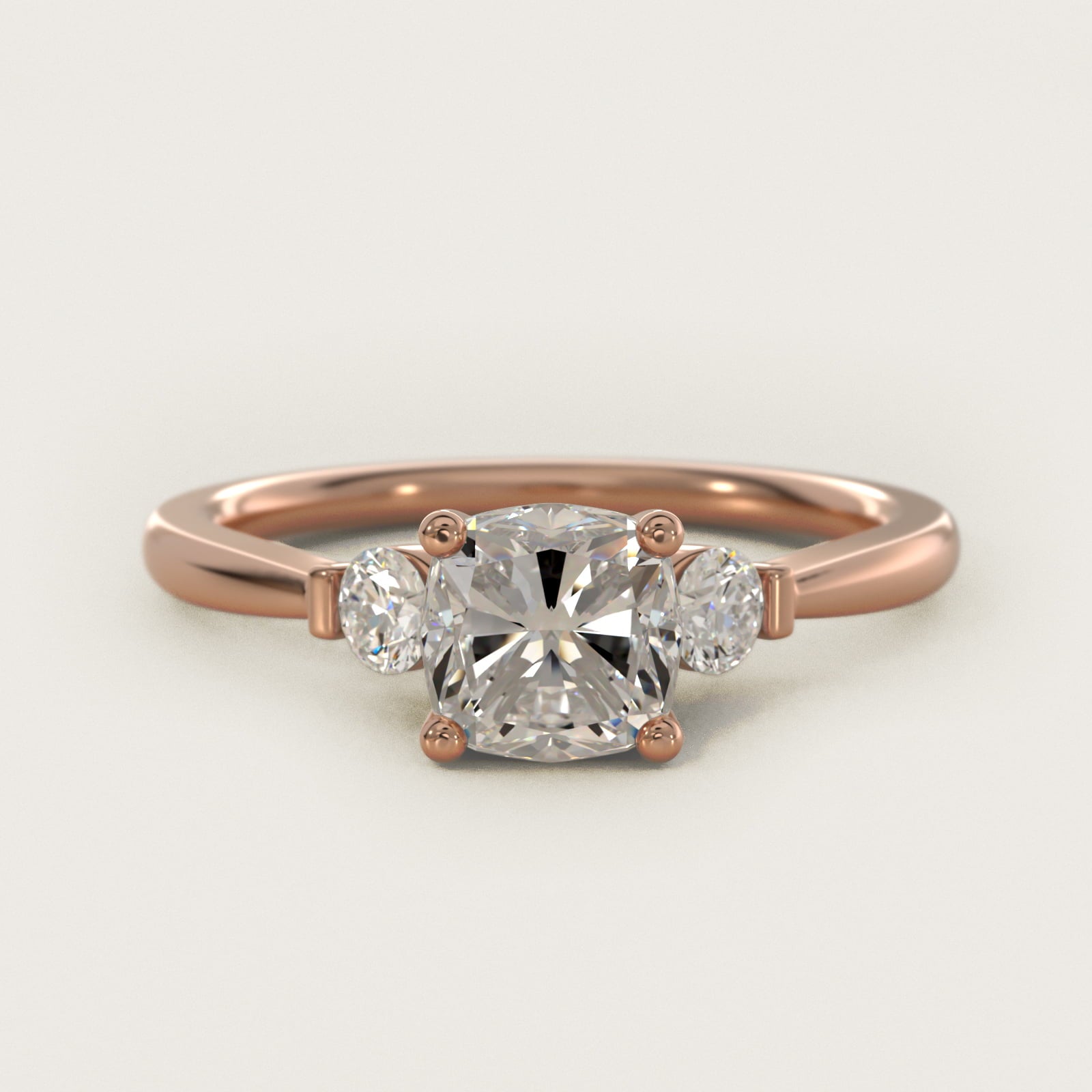 Petite Three-Stone Diamond Engagement Ring in 14k Rose Gold - Cushion Center