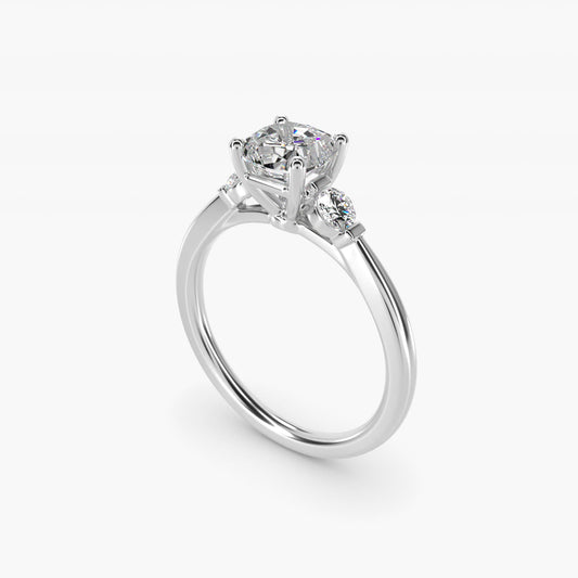 Petite Three-Stone Diamond Engagement Ring in 18k White Gold - Cushion Center