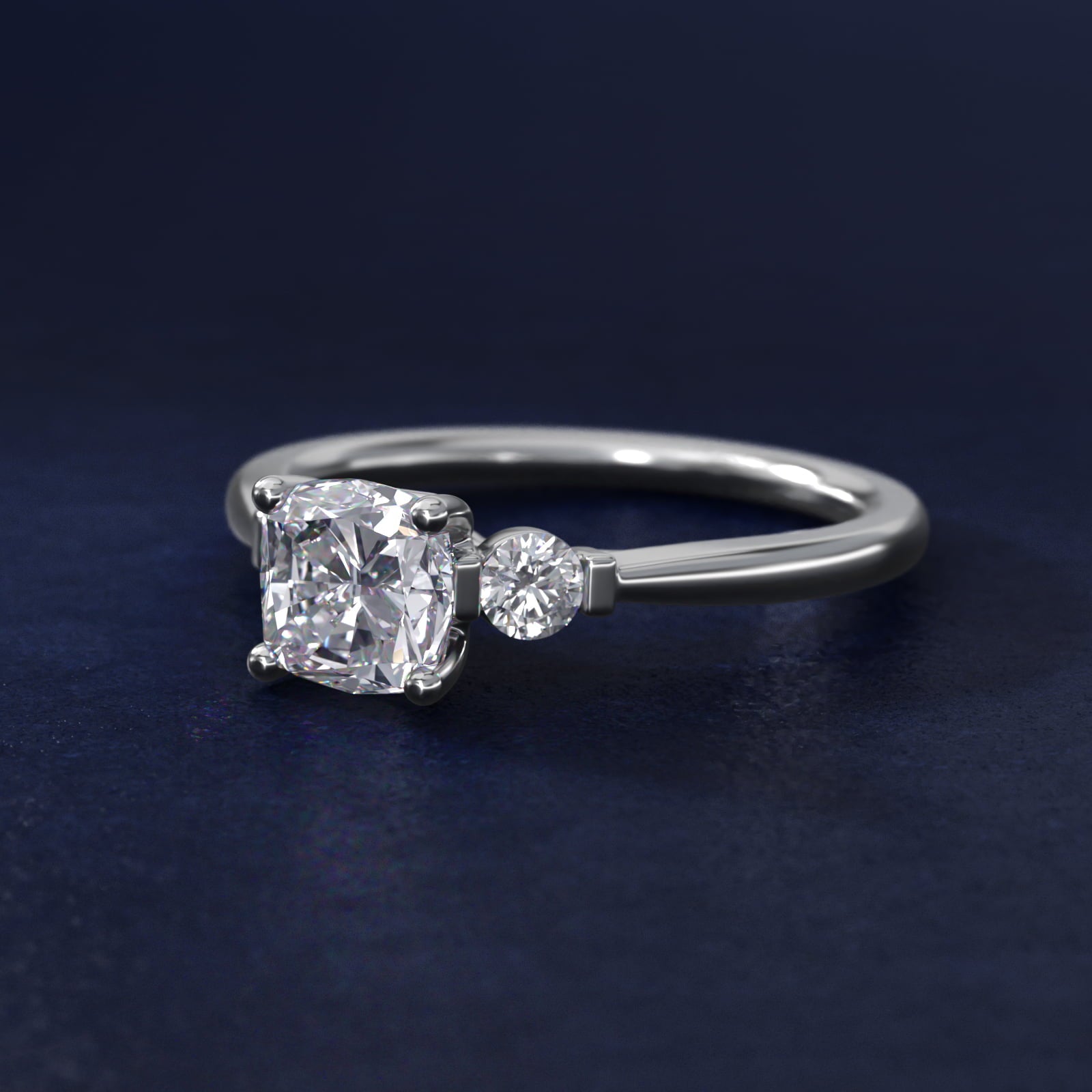Petite Three-Stone Diamond Engagement Ring in 14k White Gold - Cushion Center