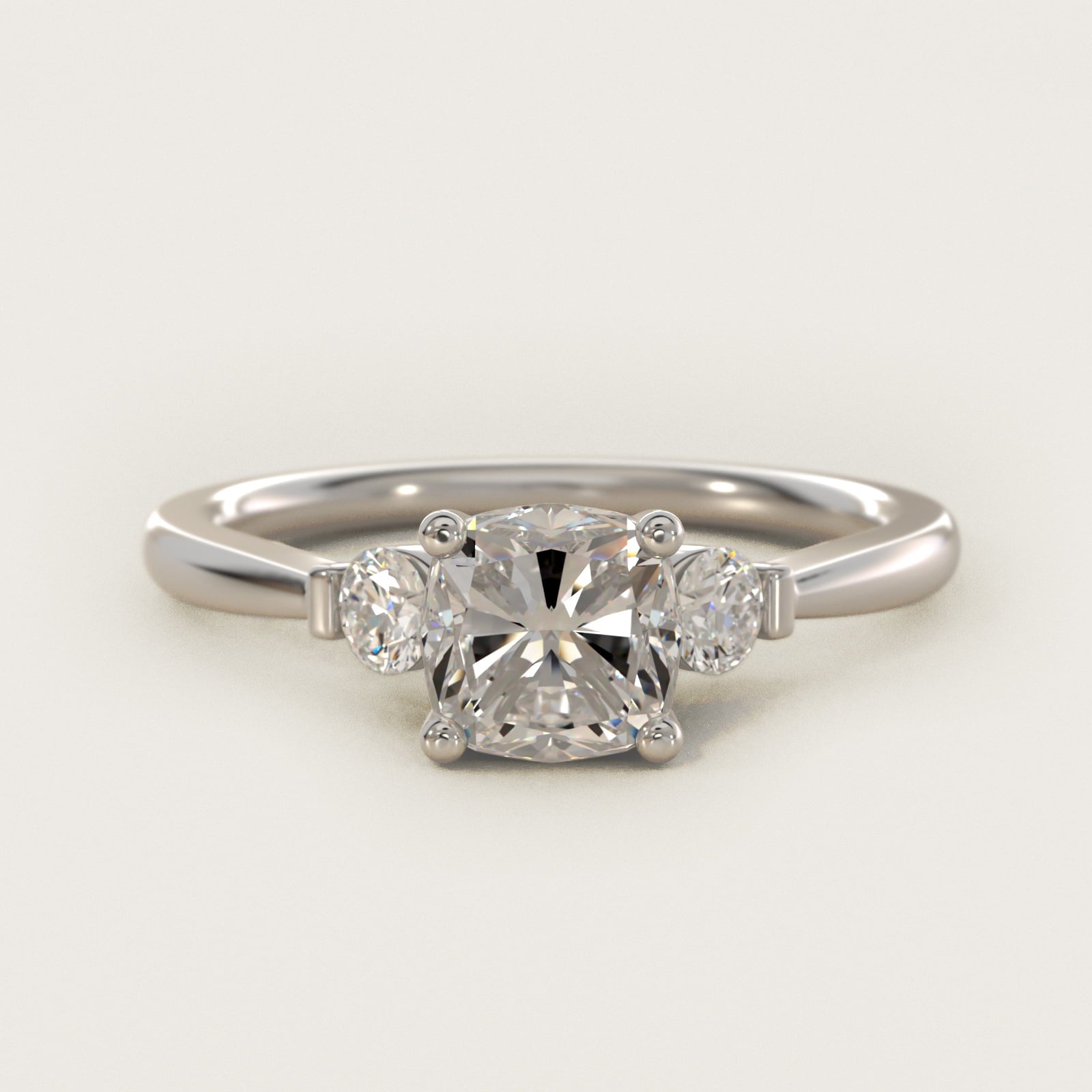 Petite Three-Stone Diamond Engagement Ring in 14k White Gold - Cushion Center