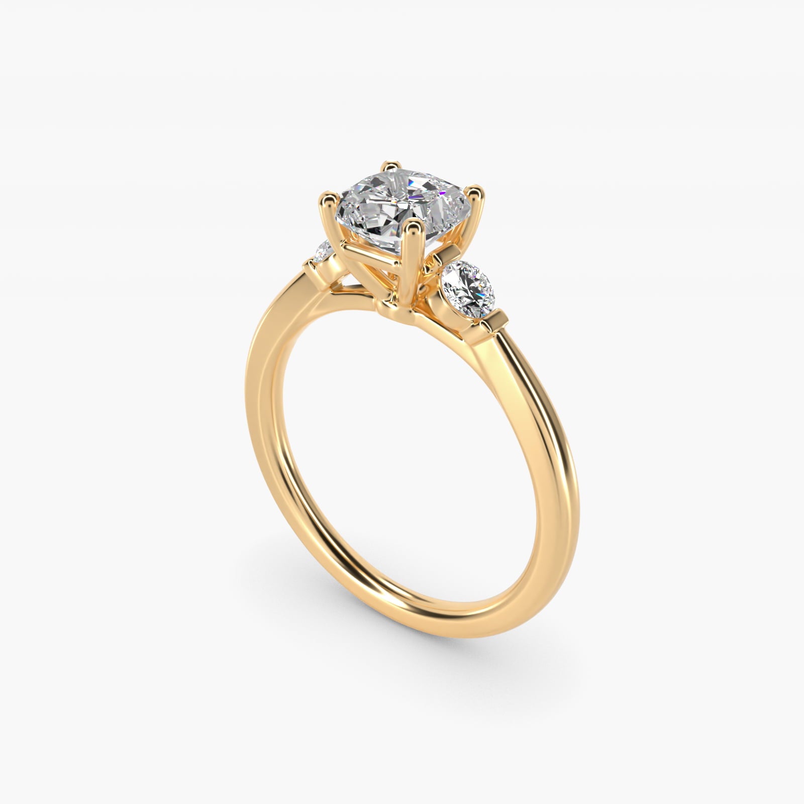 Petite Three-Stone Diamond Engagement Ring in 14k Yellow Gold - Cushion Center