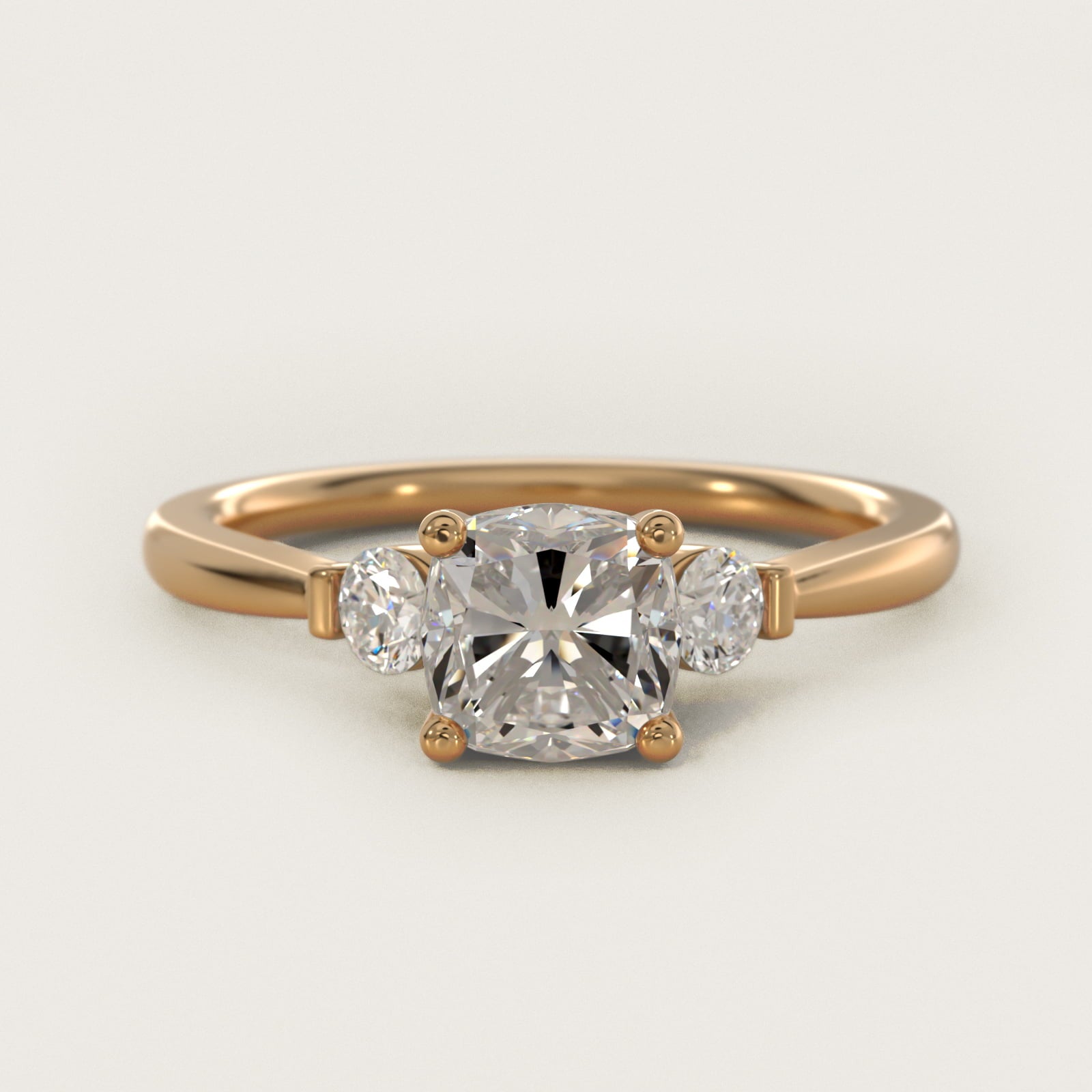 Petite Three-Stone Diamond Engagement Ring in 14k Yellow Gold - Cushion Center
