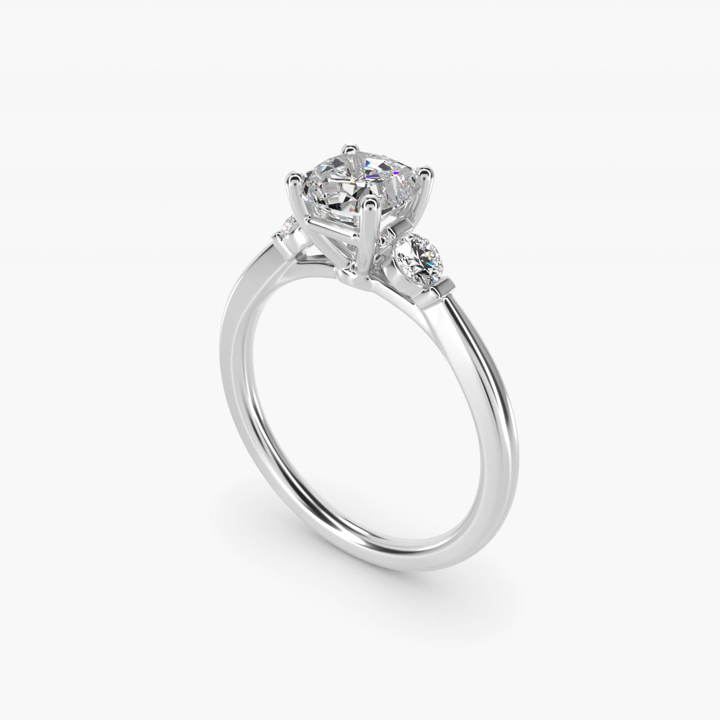 Petite Three-Stone Diamond Engagement Ring in Platinum - Cushion Center
