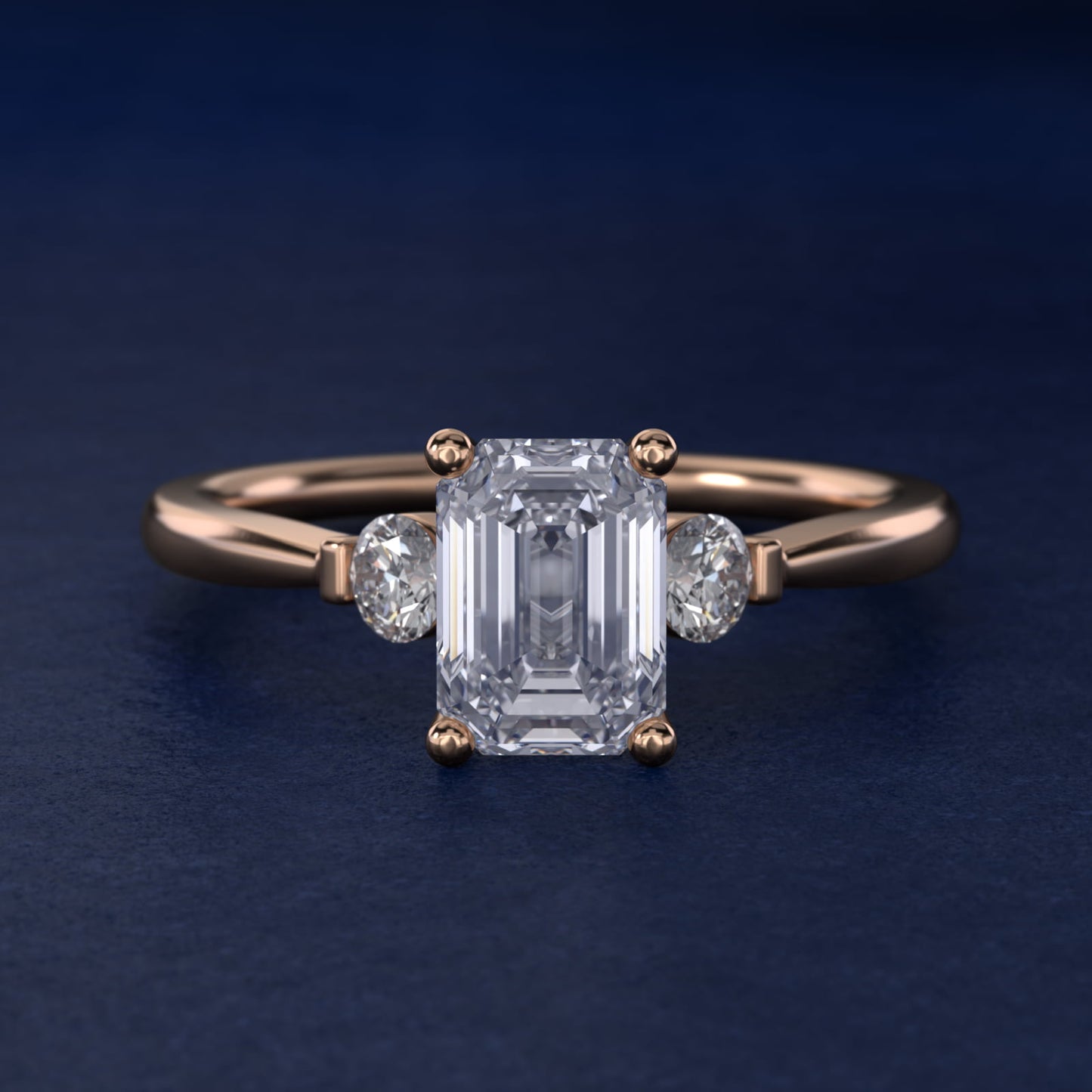 Petite Three-Stone Diamond Engagement Ring in 14k Rose Gold - Emerald Center