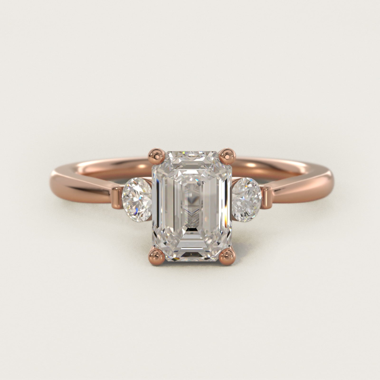 Petite Three-Stone Diamond Engagement Ring in 18k Rose Gold - Emerald Center