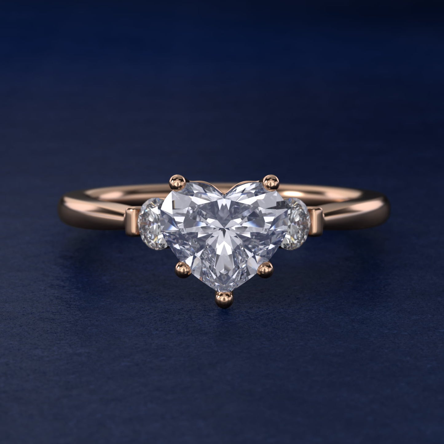 Petite Three-Stone Diamond Engagement Ring in 18k Rose Gold - Heart Center