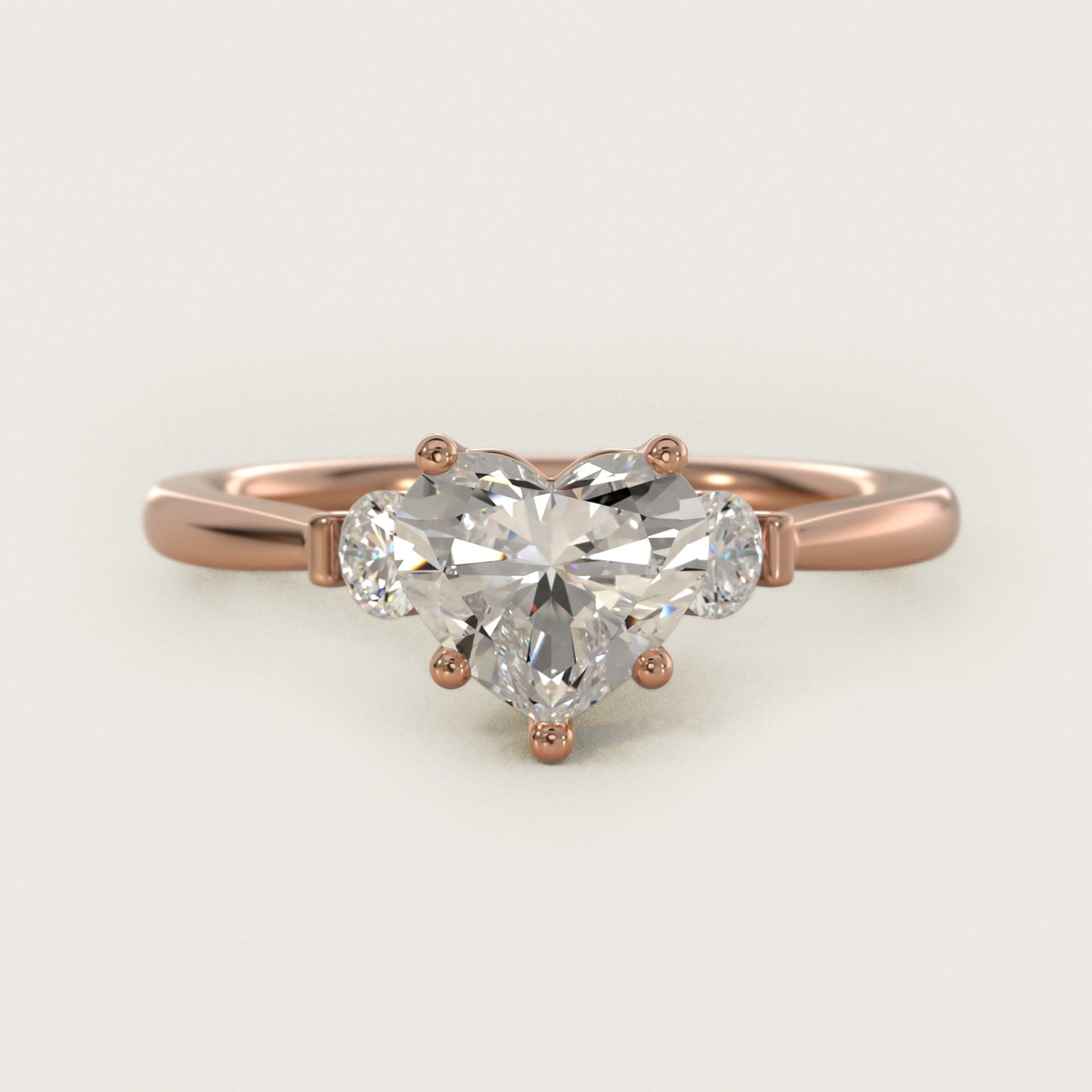 Petite Three-Stone Diamond Engagement Ring in 14k Rose Gold - Heart Center