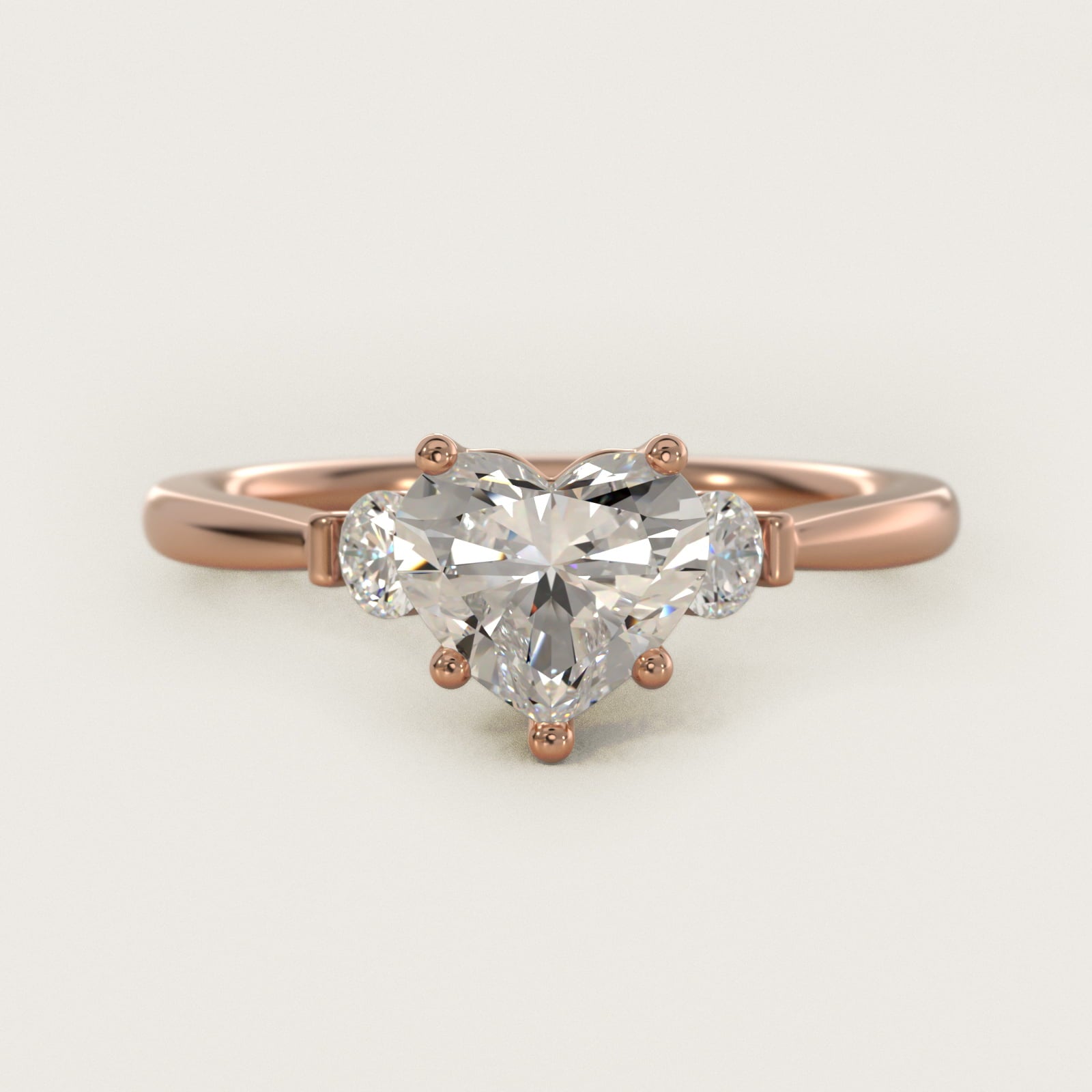 Petite Three-Stone Diamond Engagement Ring in 14k Rose Gold - Heart Center