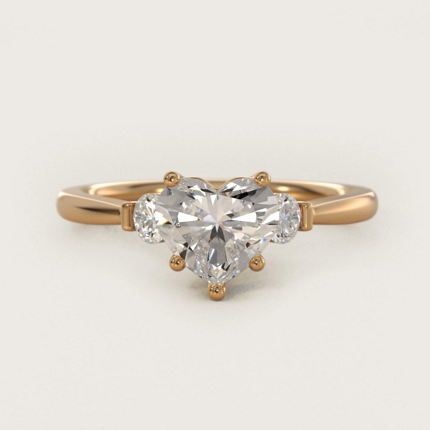 Petite Three-Stone Diamond Engagement Ring in 14k Yellow Gold - Heart Center