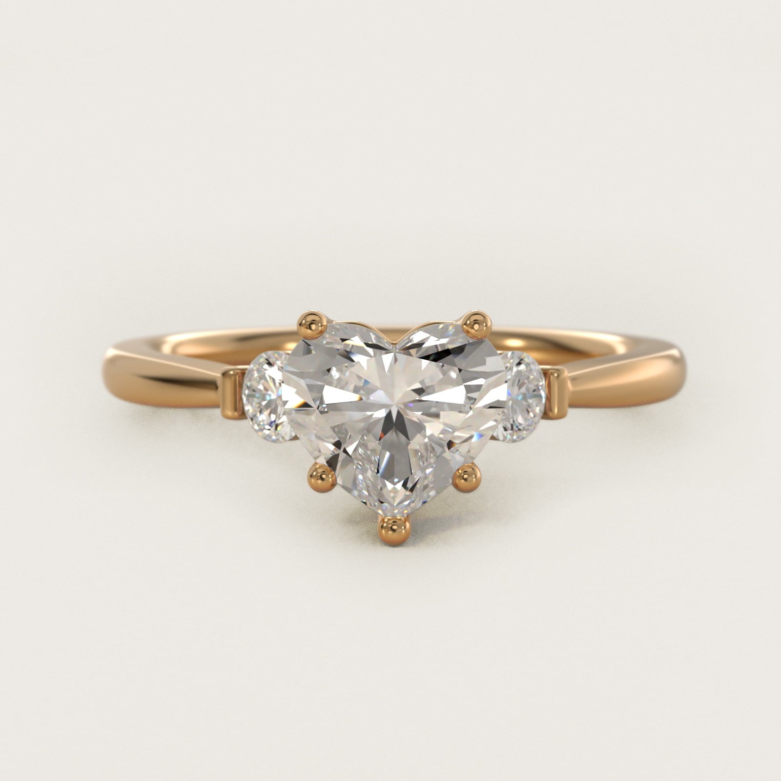 Petite Three-Stone Diamond Engagement Ring in 14k Yellow Gold - Heart Center