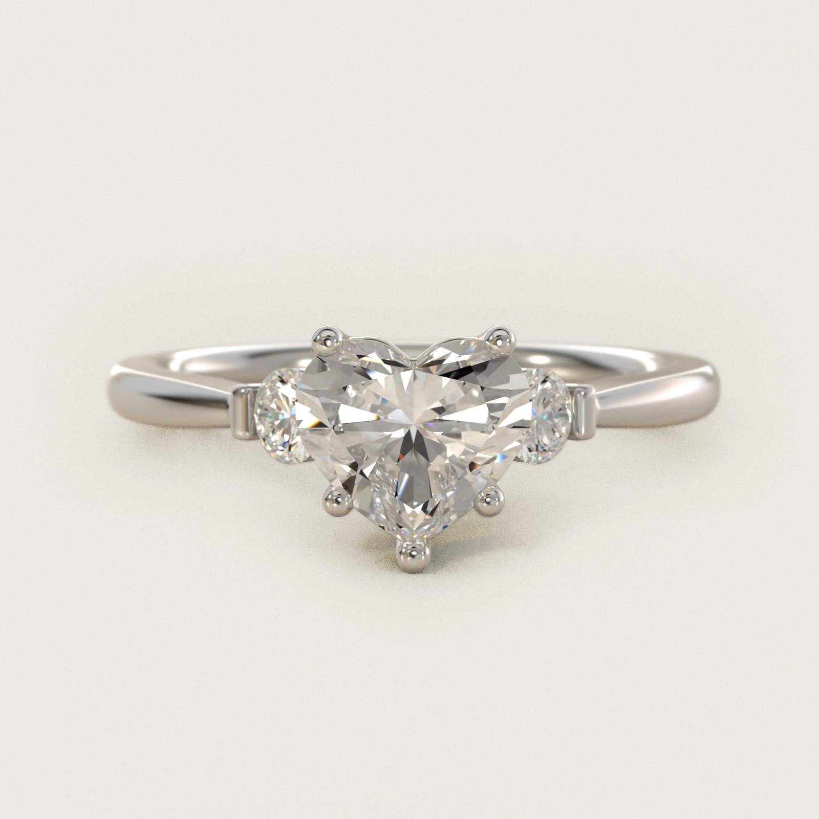 Petite Three-Stone Diamond Engagement Ring in Platinum - Heart Center