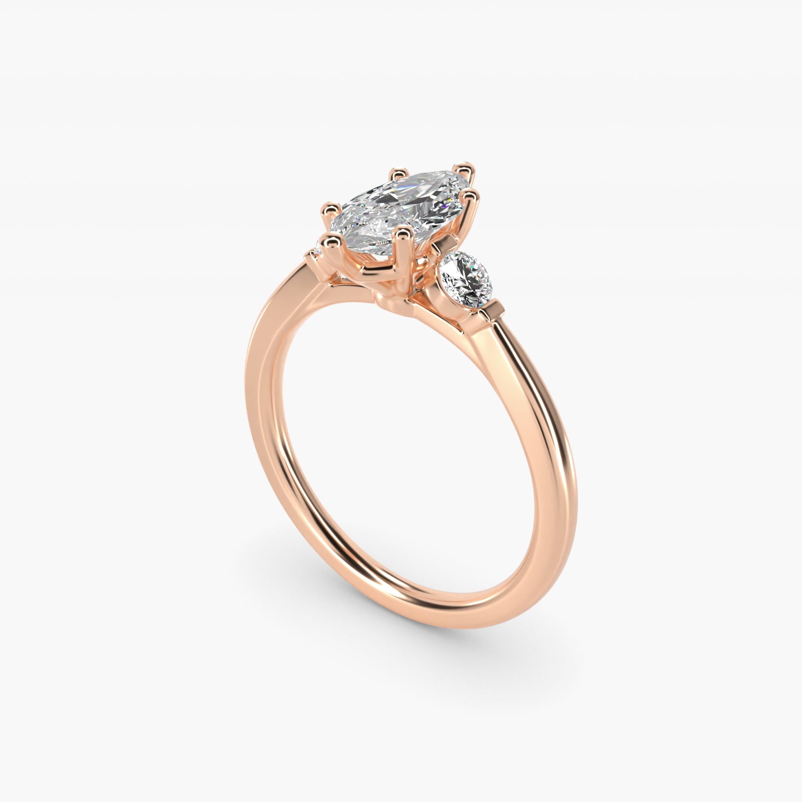 Petite Three-Stone Diamond Engagement Ring in 18k Rose Gold - Marquise Center