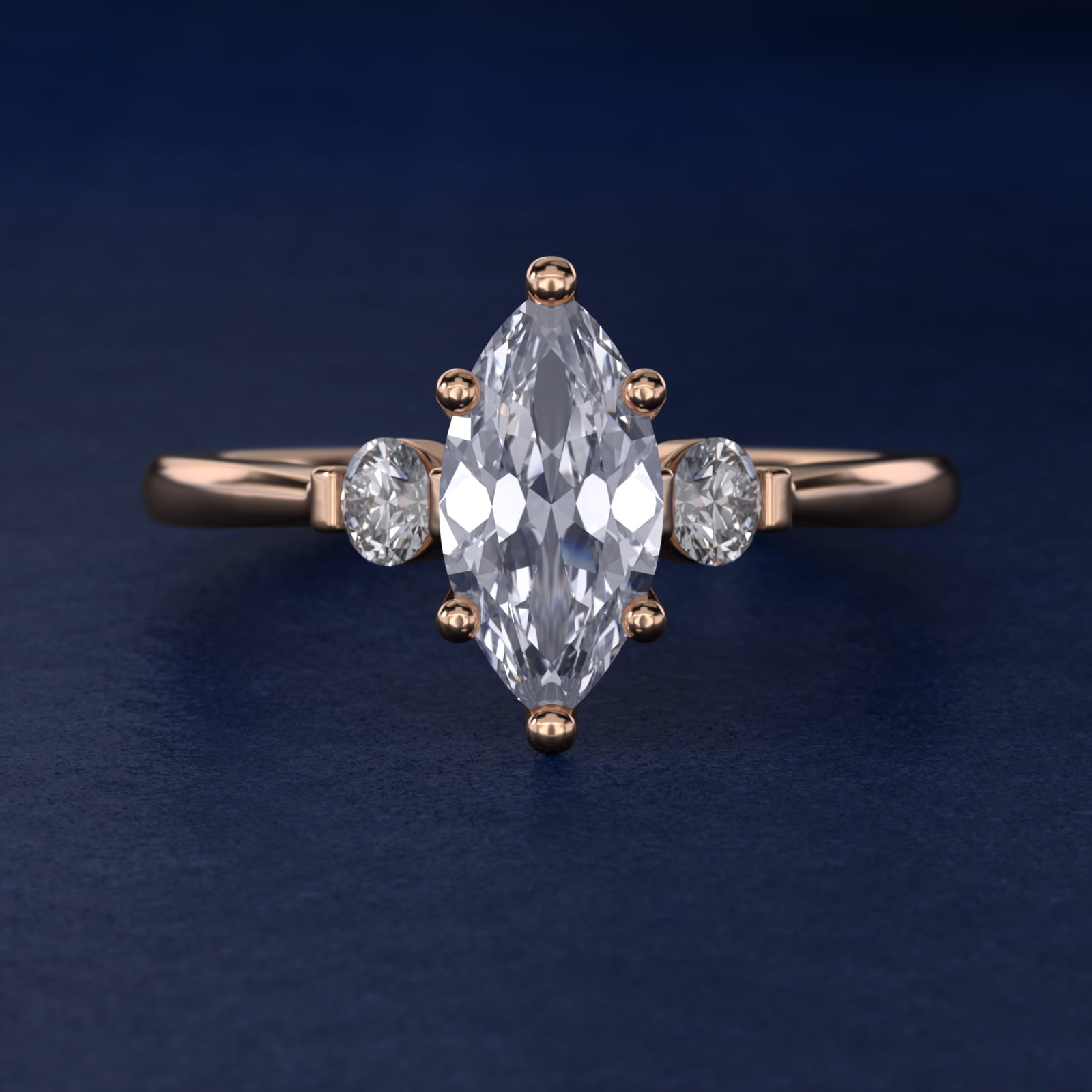 Petite Three-Stone Diamond Engagement Ring in 14k Rose Gold - Marquise Center