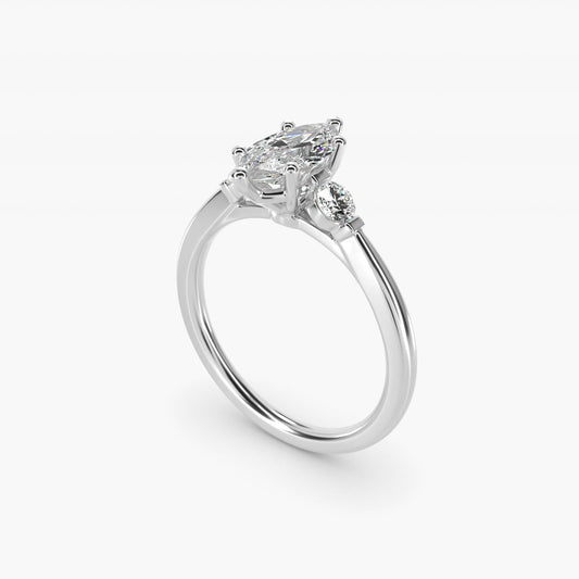 Petite Three-Stone Diamond Engagement Ring in 18k White Gold - Marquise Center