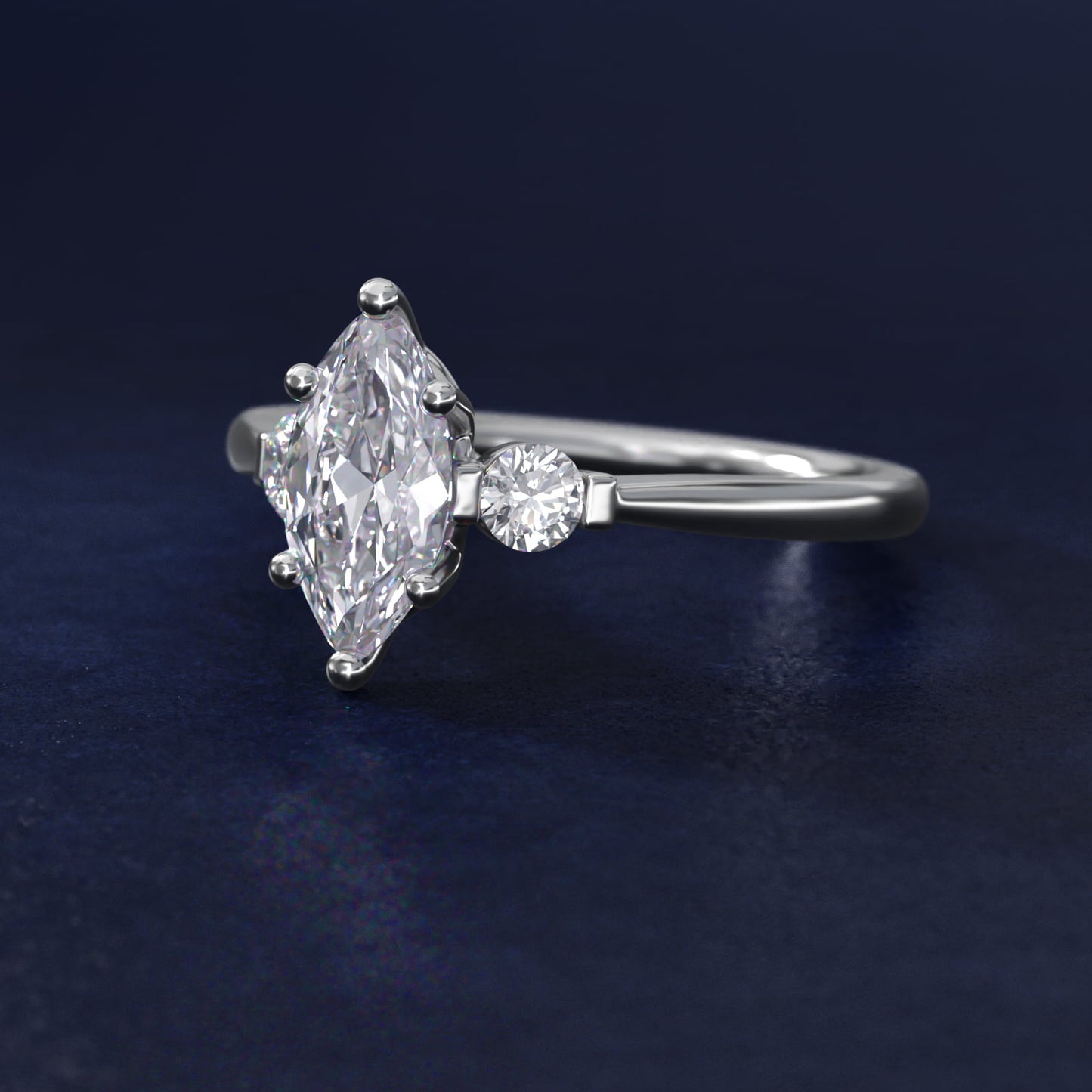 Petite Three-Stone Diamond Engagement Ring in 14k White Gold - Marquise Center