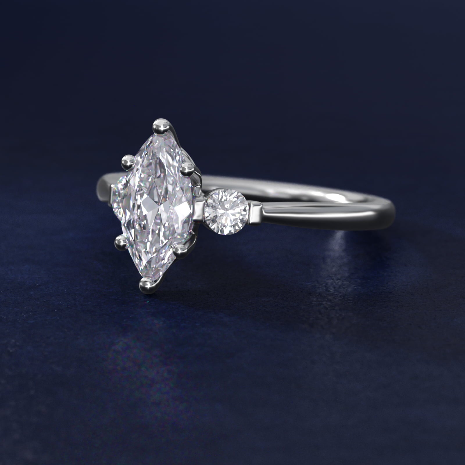 Petite Three-Stone Diamond Engagement Ring in 14k White Gold - Marquise Center